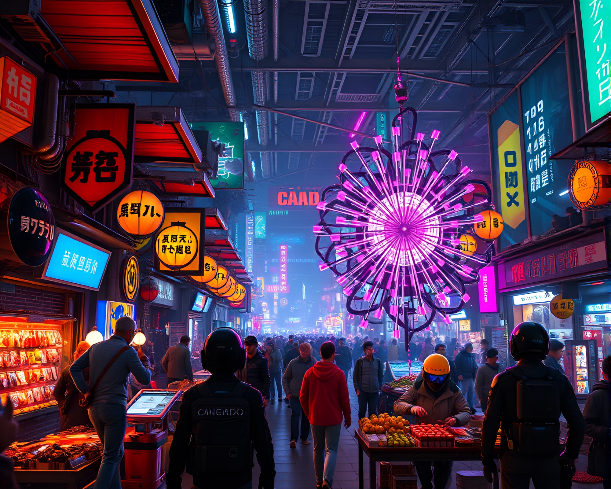 Dystopian Android Market with Kinetic Sculpture Centerpiece – free AI stock image