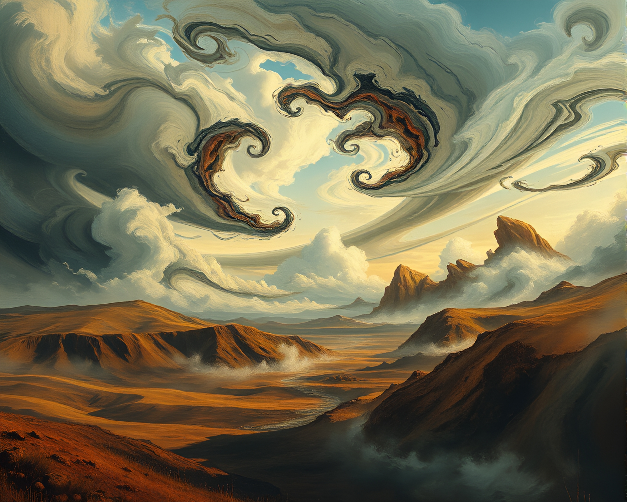 Mesmerizing Rustic Abstract Landscape with Swirling Iron-Clouds – free AI stock image