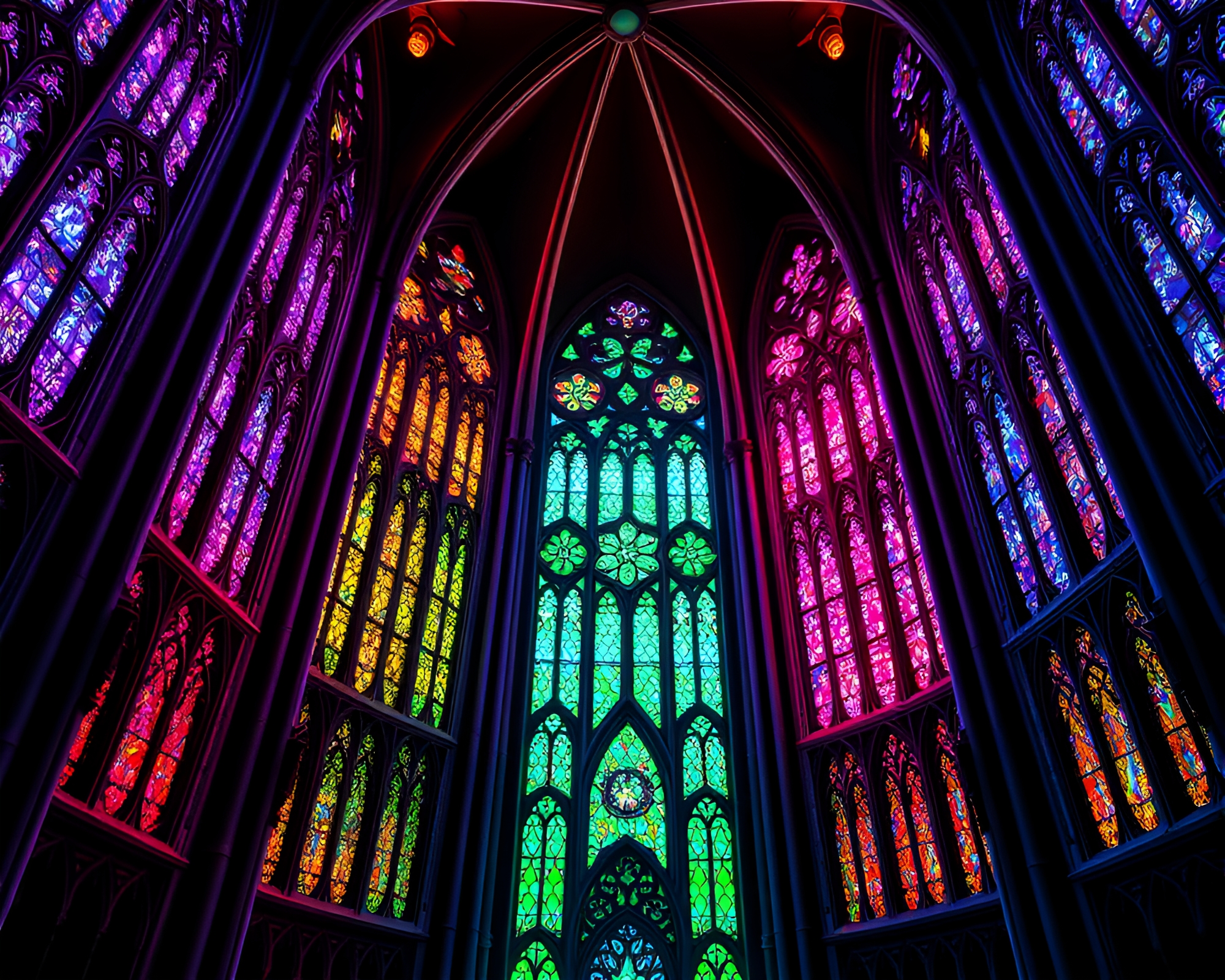 Gothic Cathedral with Neon Stained Glass Windows – free AI stock image