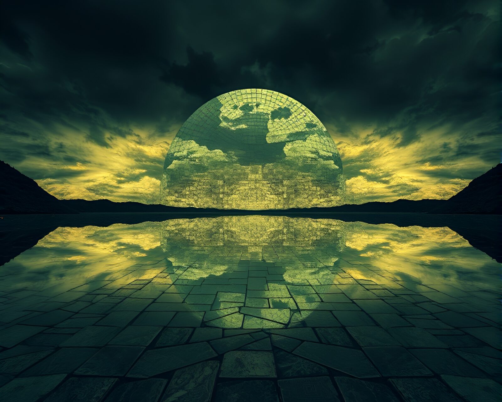 Mosaic tile pattern reflecting off mirrored horizon landscape