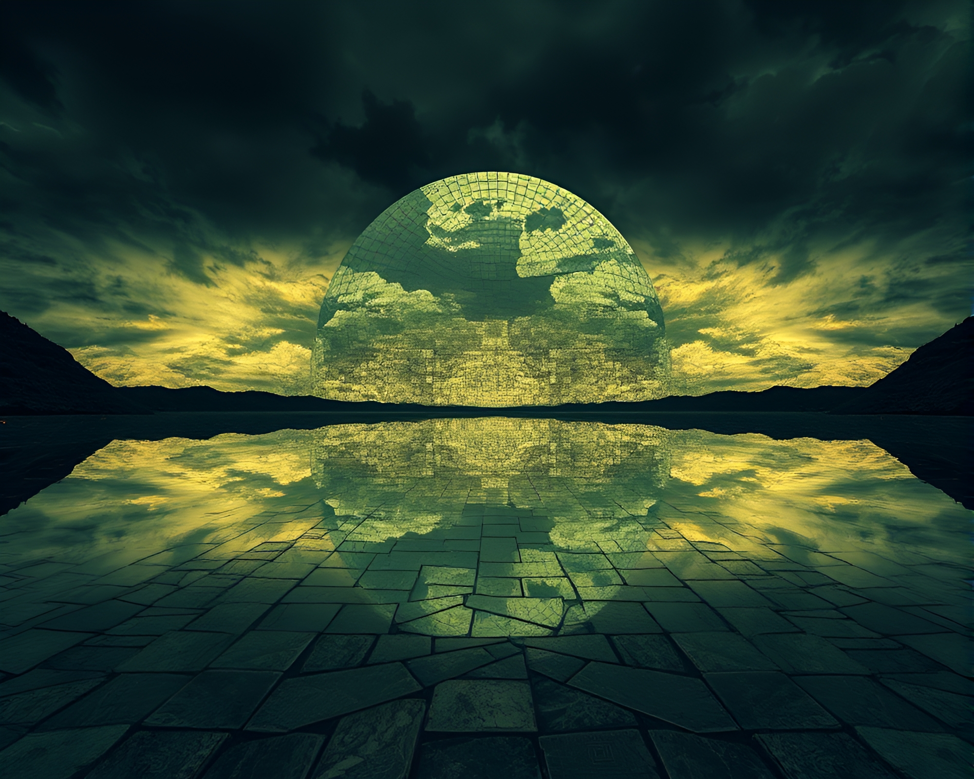 Eerie Landscape with Mosaic Tiles Reflecting Haunting Horizon – free AI stock image