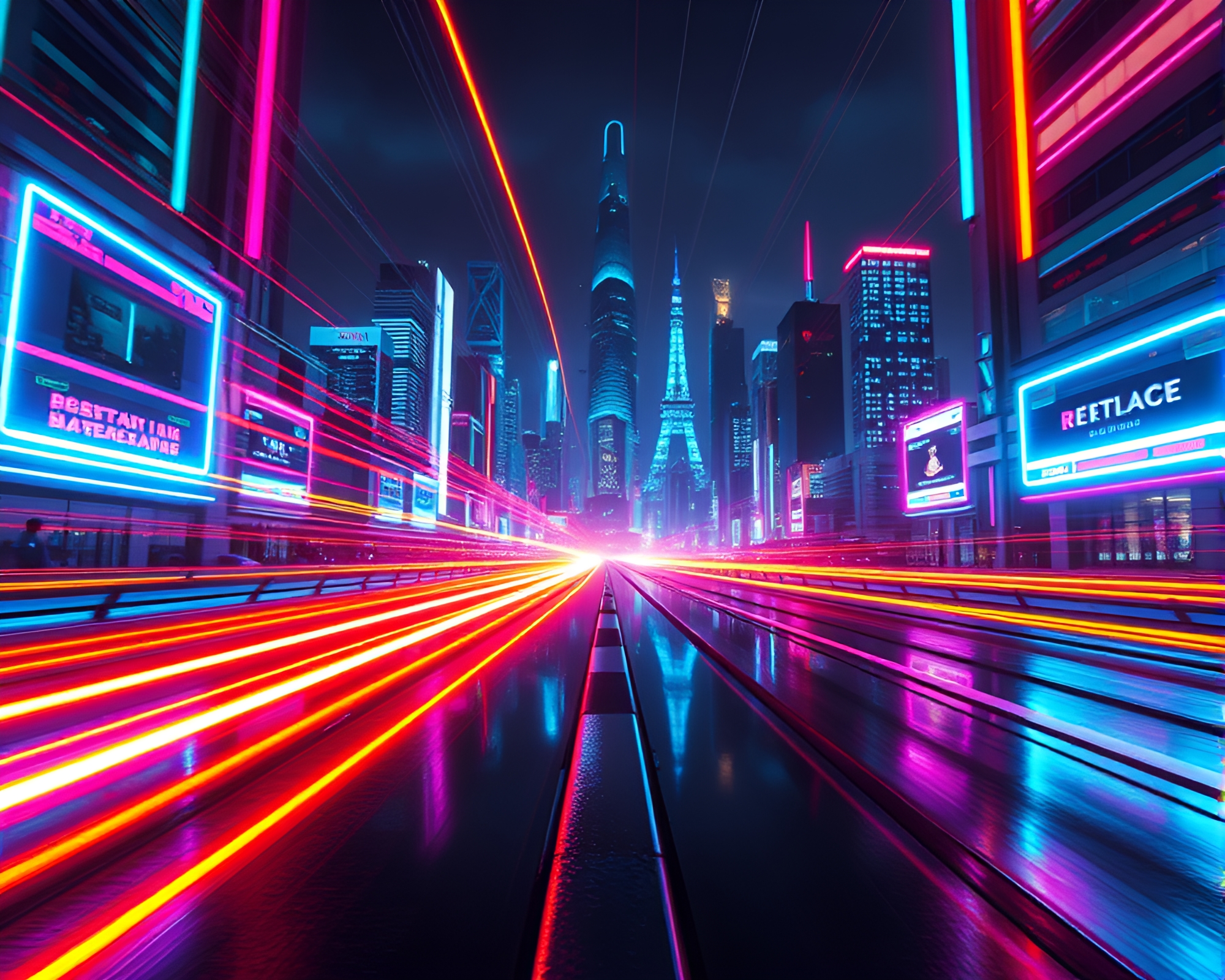 Futuristic Cityscape Illuminated by Neon Light Trails – free AI stock image