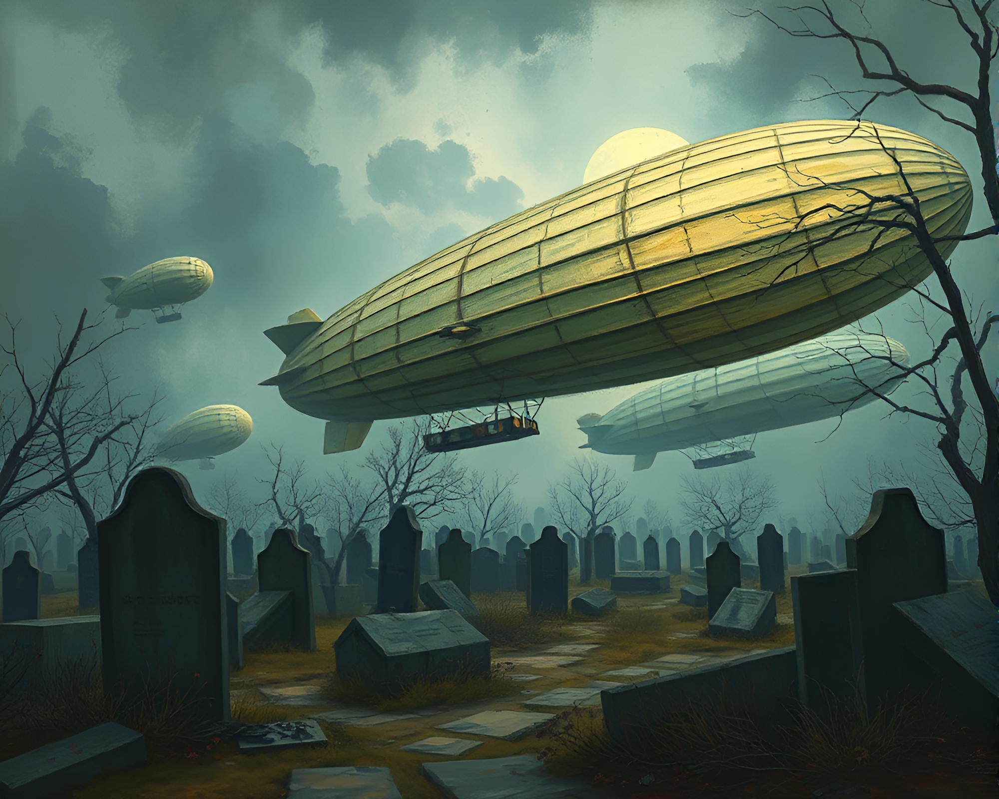 Eerie Surreal Gouache Illustration of Abandoned Zeppelin Graveyard – free AI stock image