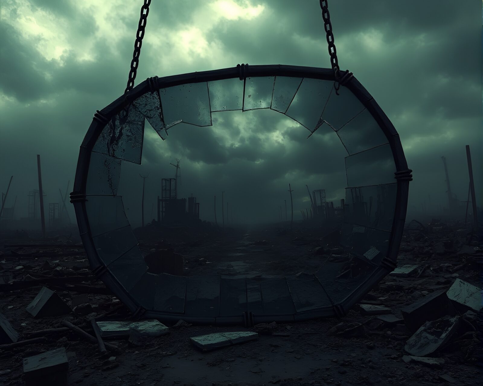 Gouache illustration of shattered mirror reflecting desolate wasteland