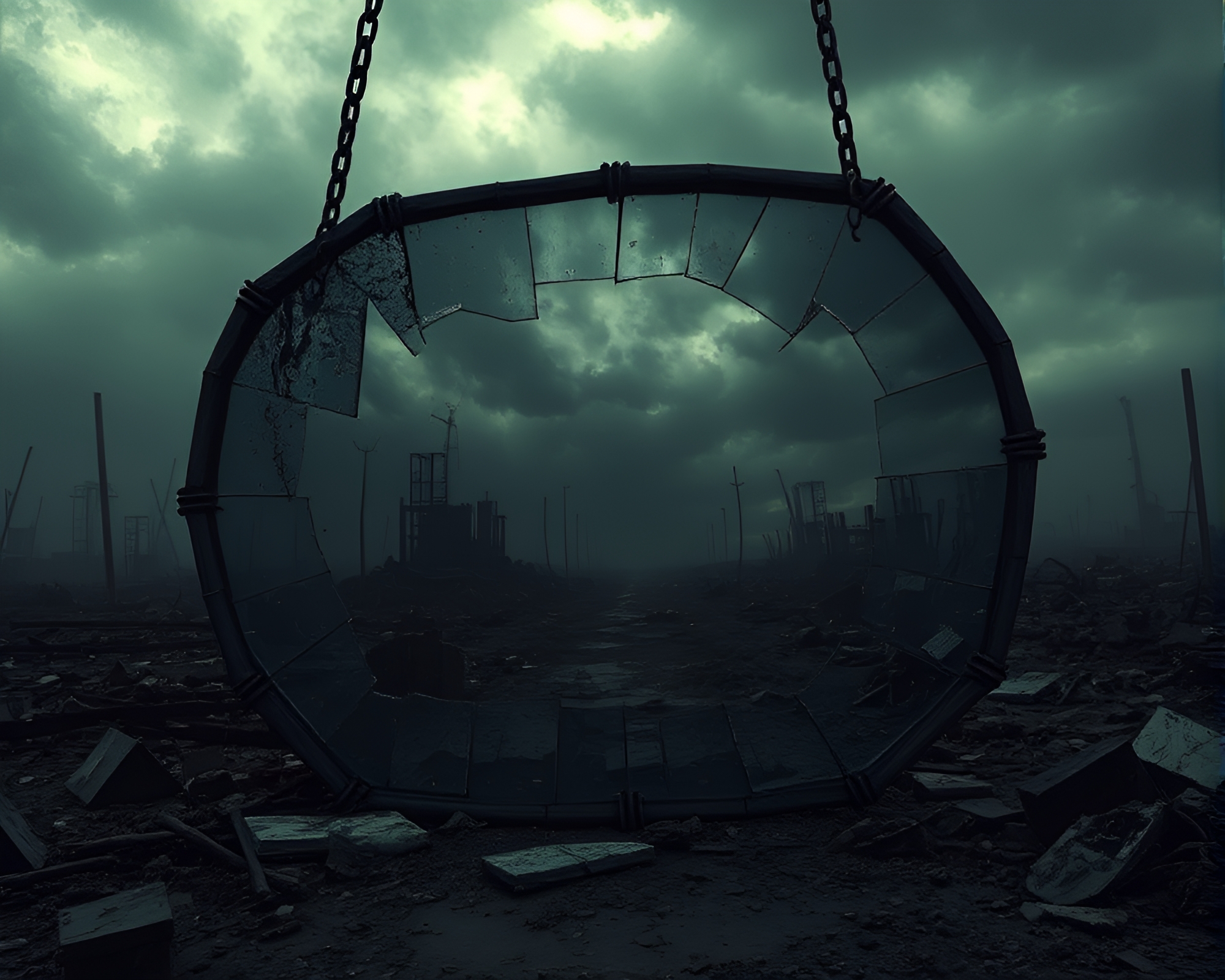 Shattered mirror reveals eerie post-apocalyptic ruin – free AI stock image