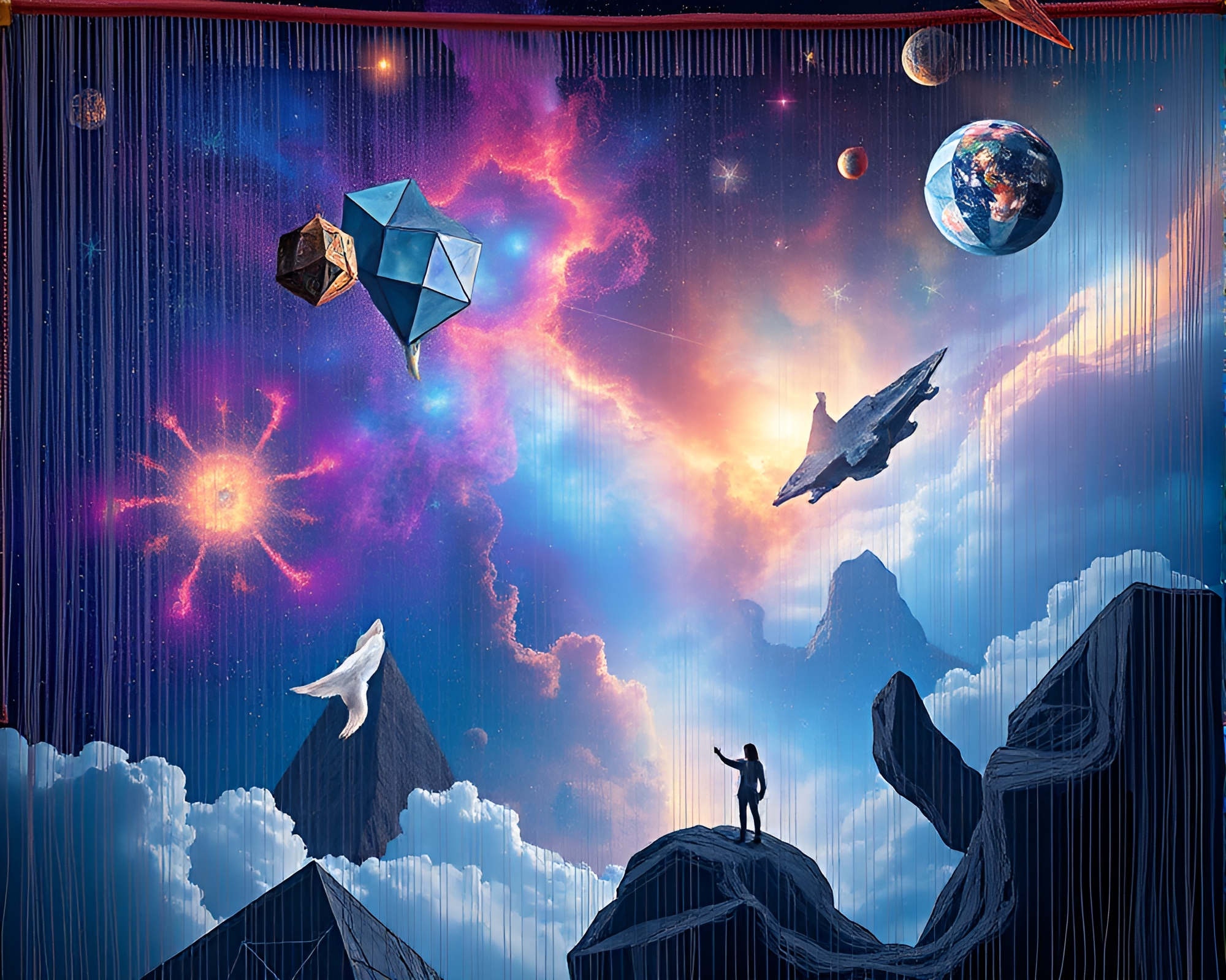 Cosmic String Tapestry: Dreamlike Surreal Collage – free AI stock image