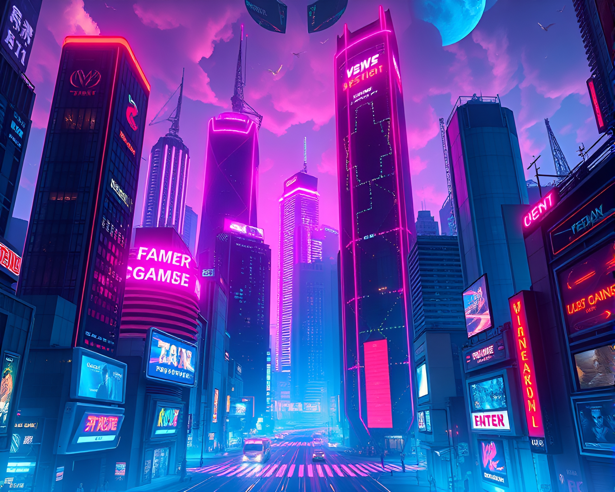 Neon-lit Futuristic Metropolis with Immersive Gaming Tech Displays – free AI stock image