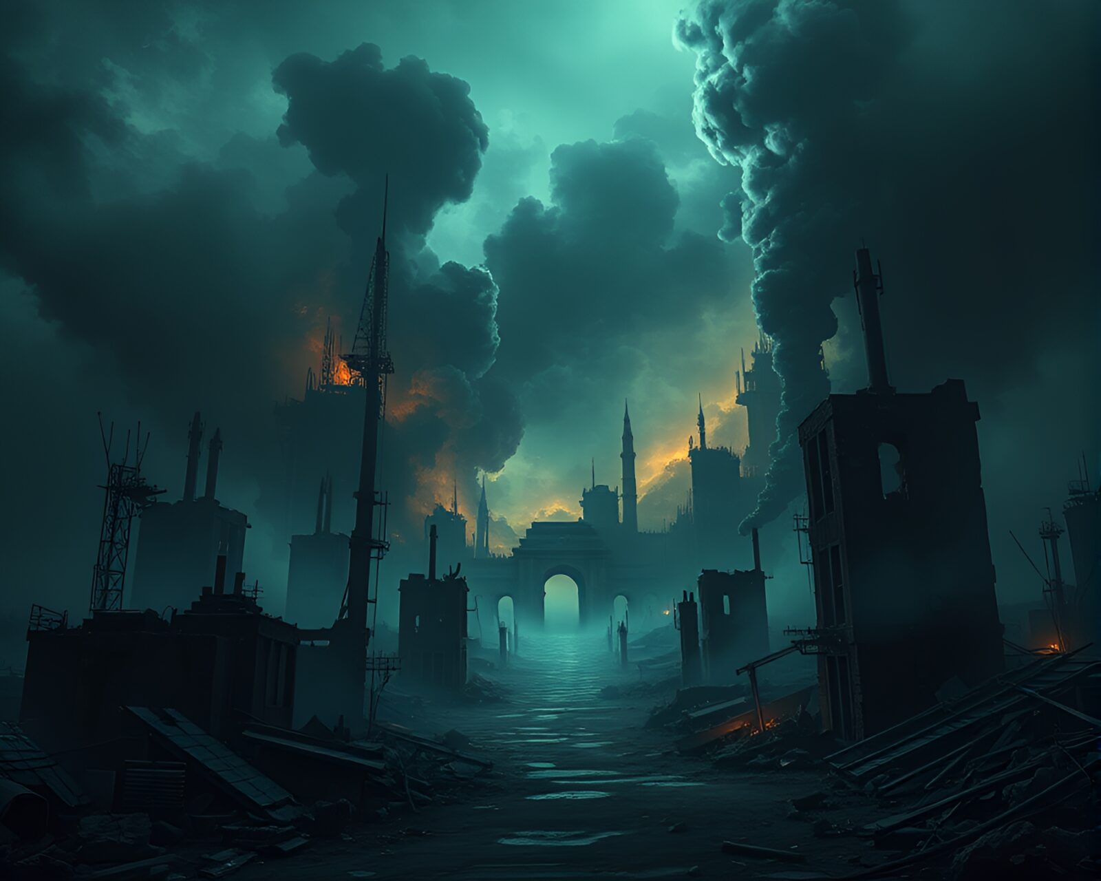 Dystopian scene of solar ships among ruins and smoke