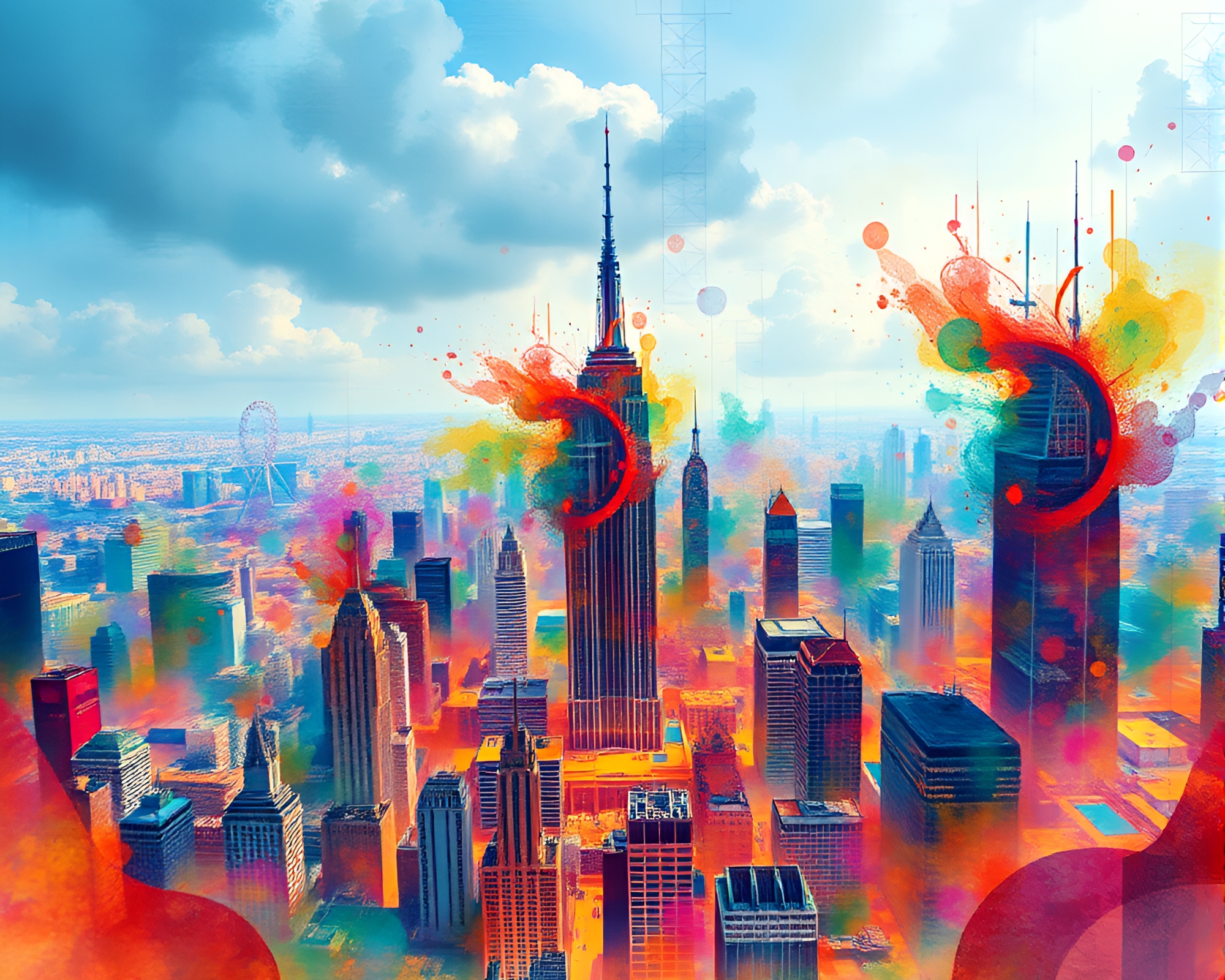 Vibrant Watercolor Fractal Grid Futuristic Cityscape Design – free AI stock image