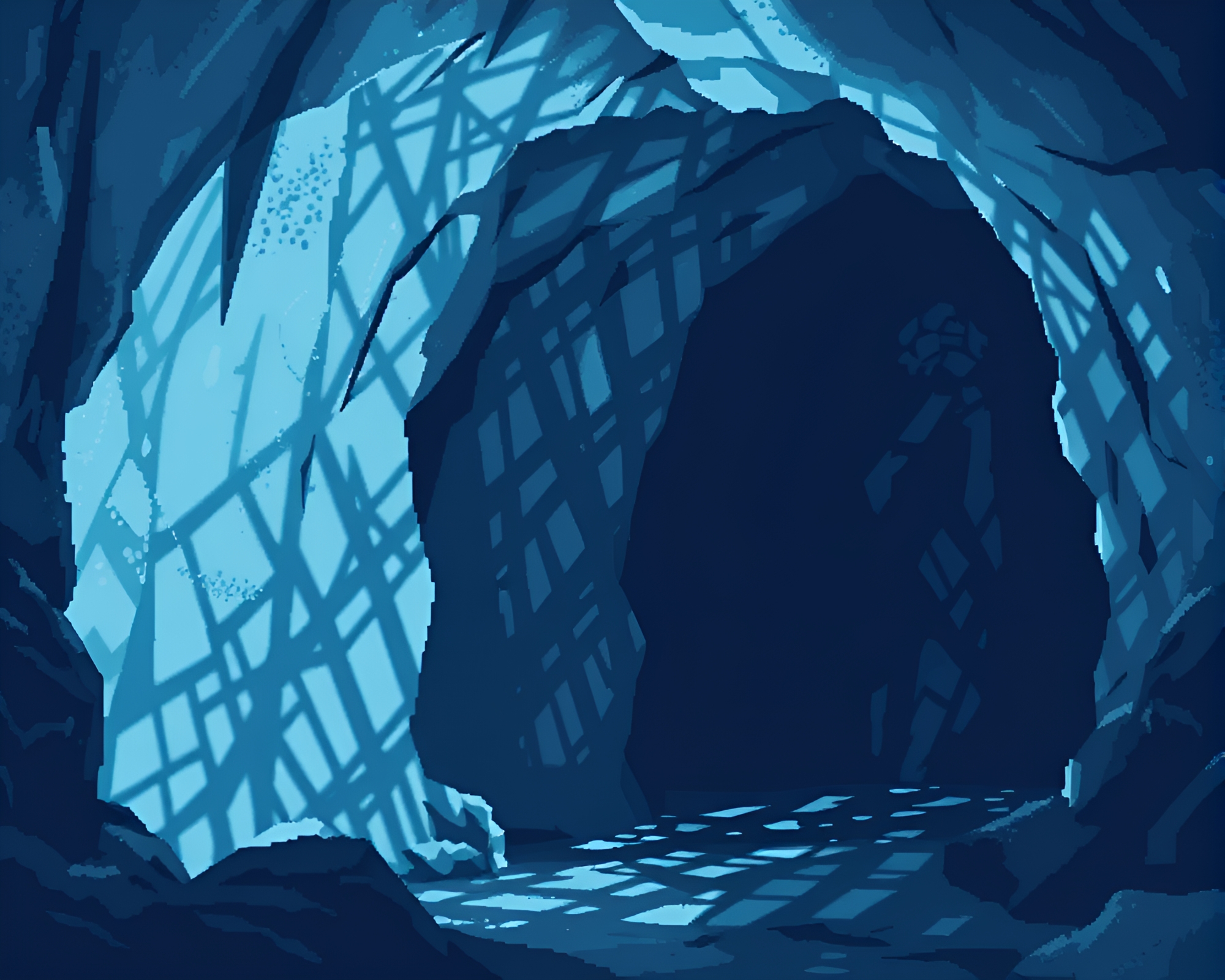 Eerie Pixel Art Shadows in Ice Prism Cavern – free AI stock image