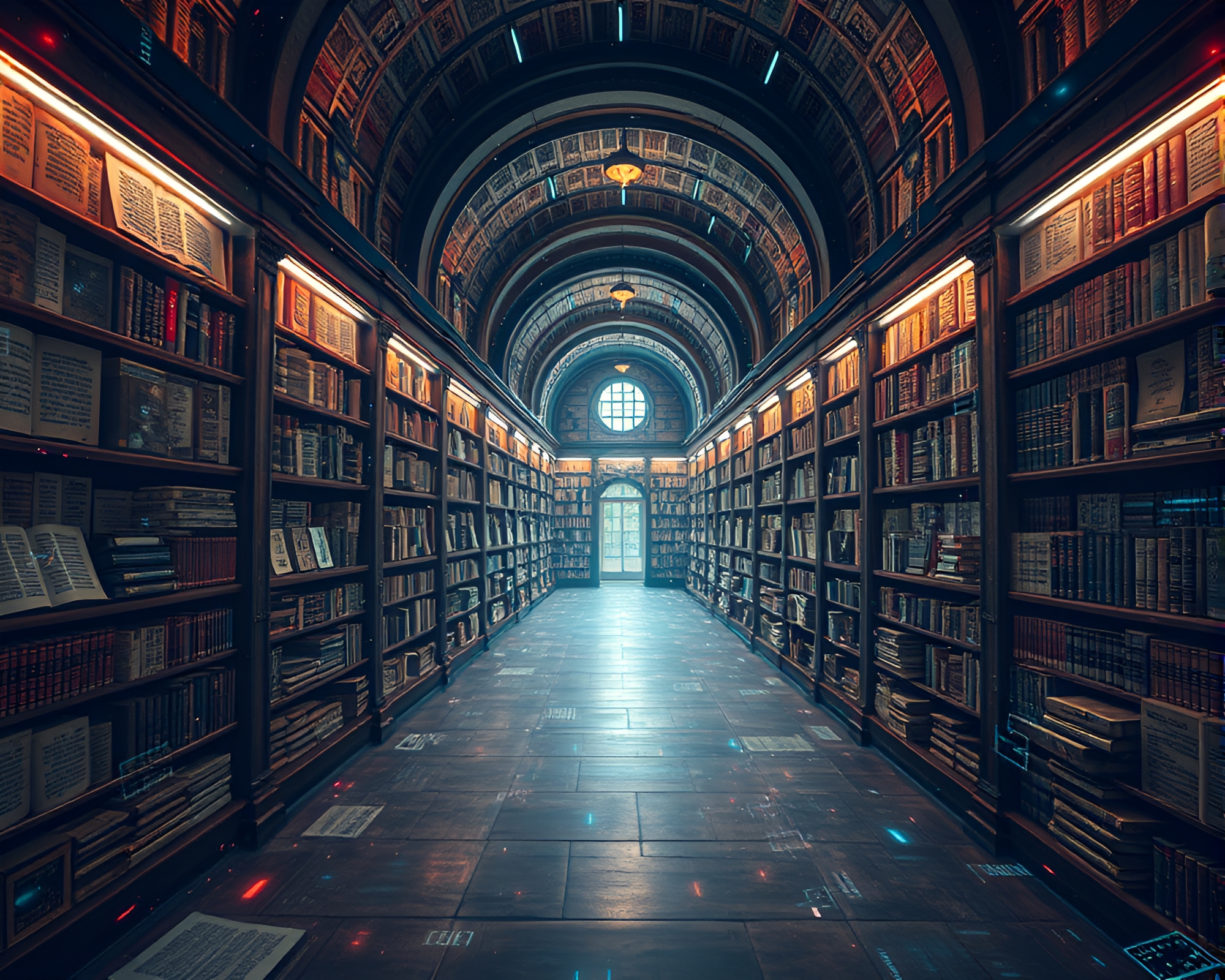 Mystical Library with Glitch Art Patterns – free AI stock image