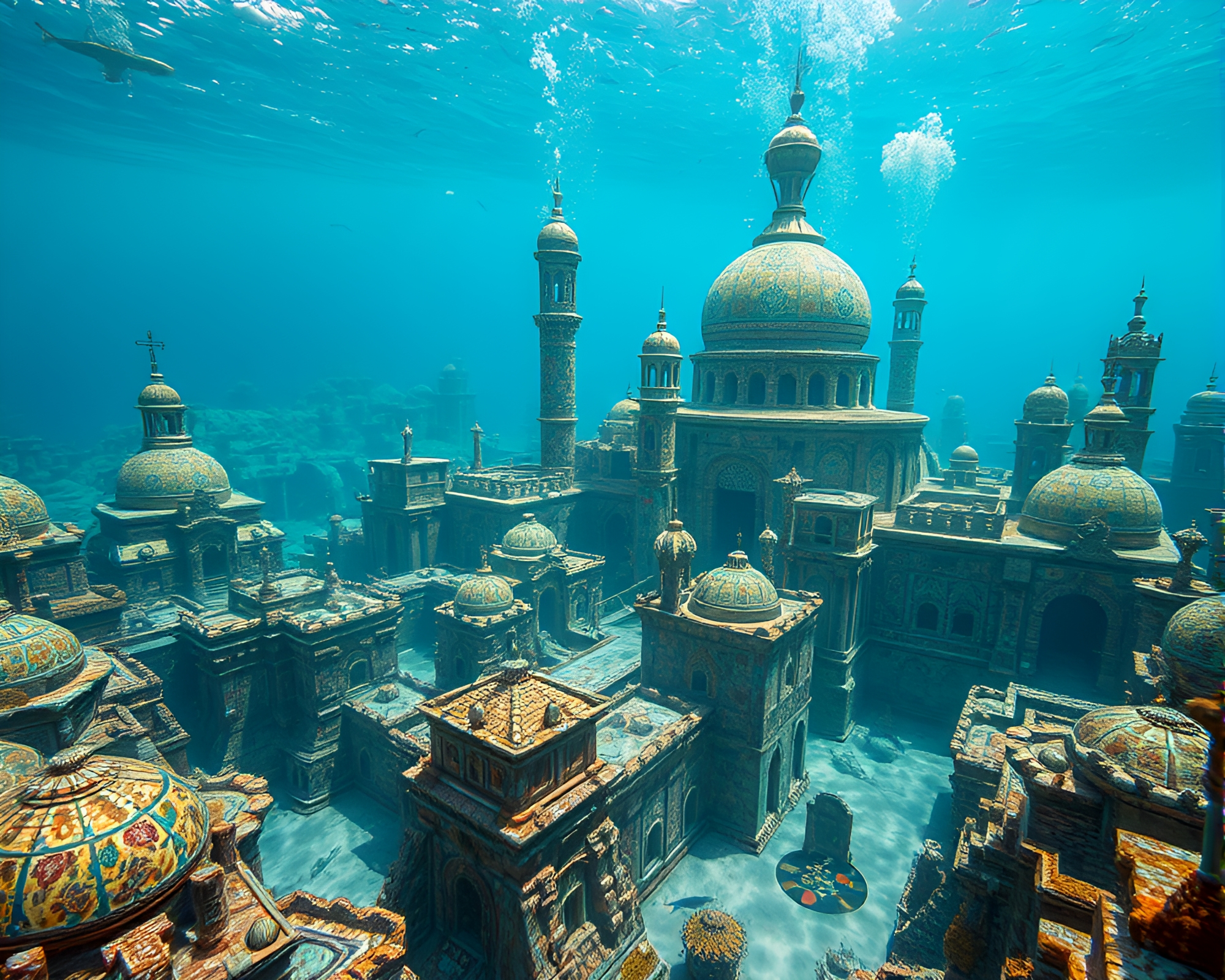 Stunning Sunken Cityscape with Lustrous Mosaic Architecture – free AI stock image