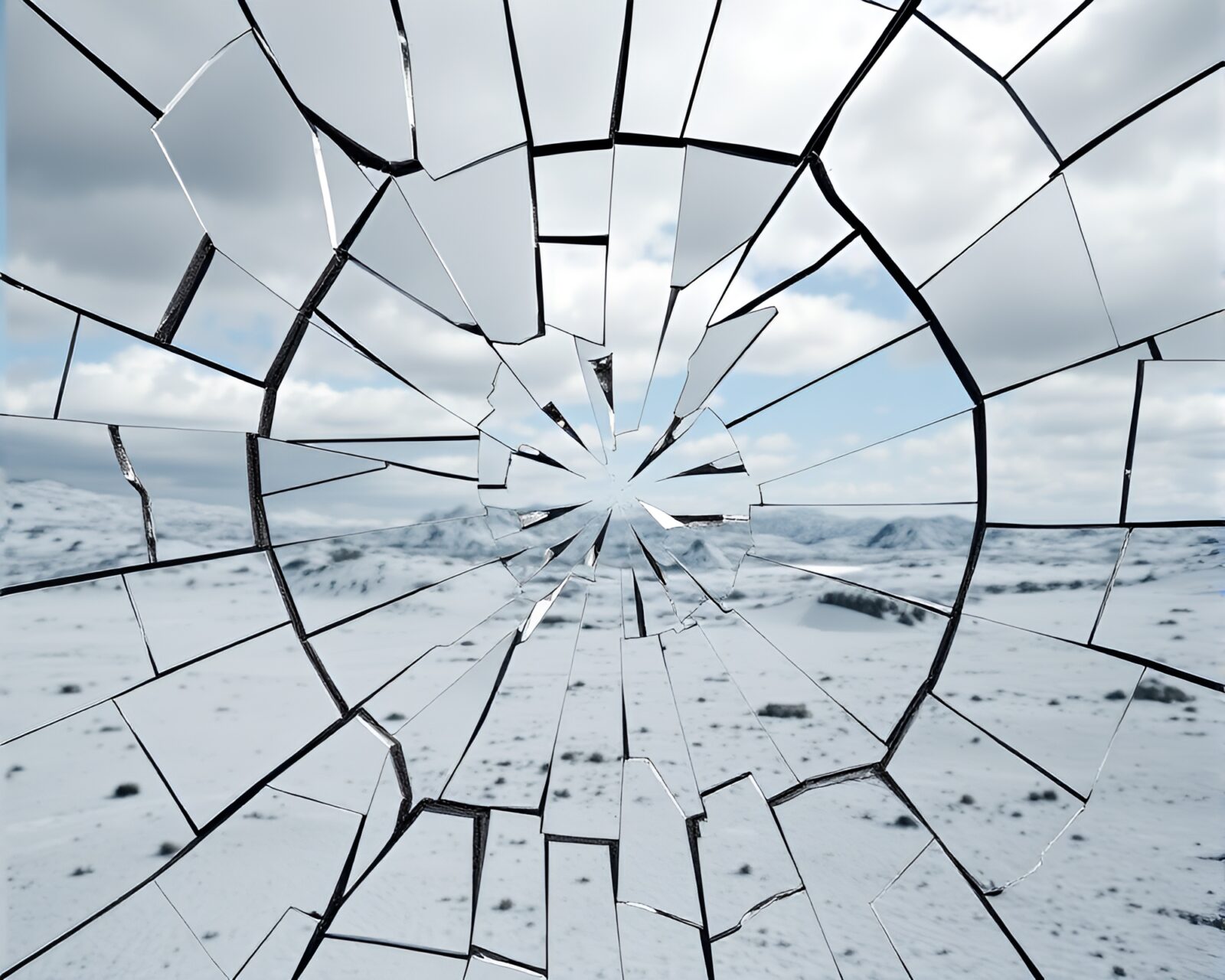 Broken mirror with sharp shards reflecting surreal landscape