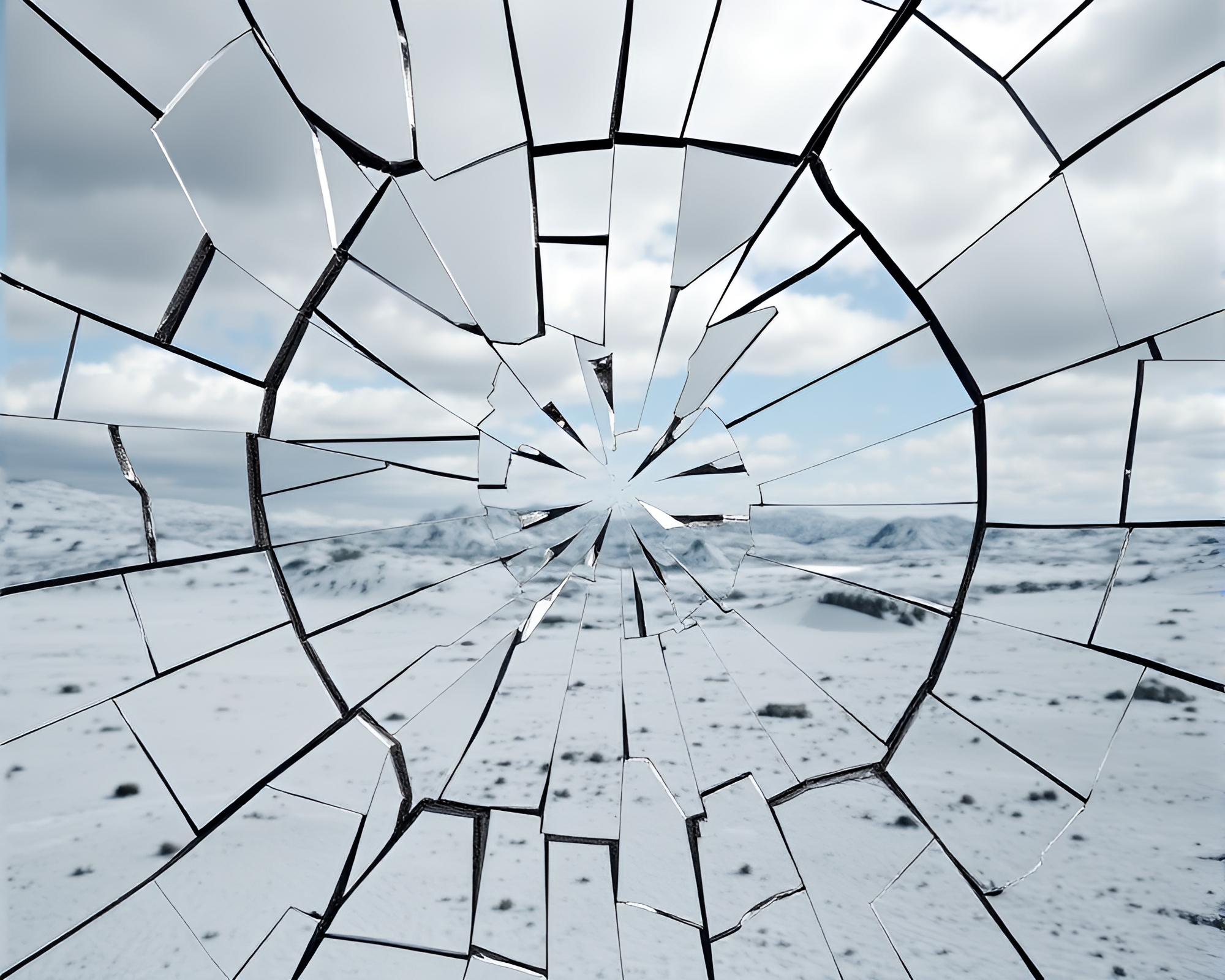 Shattered Mirror Reflects Surreal Landscape with Sharp Shards – free AI stock image