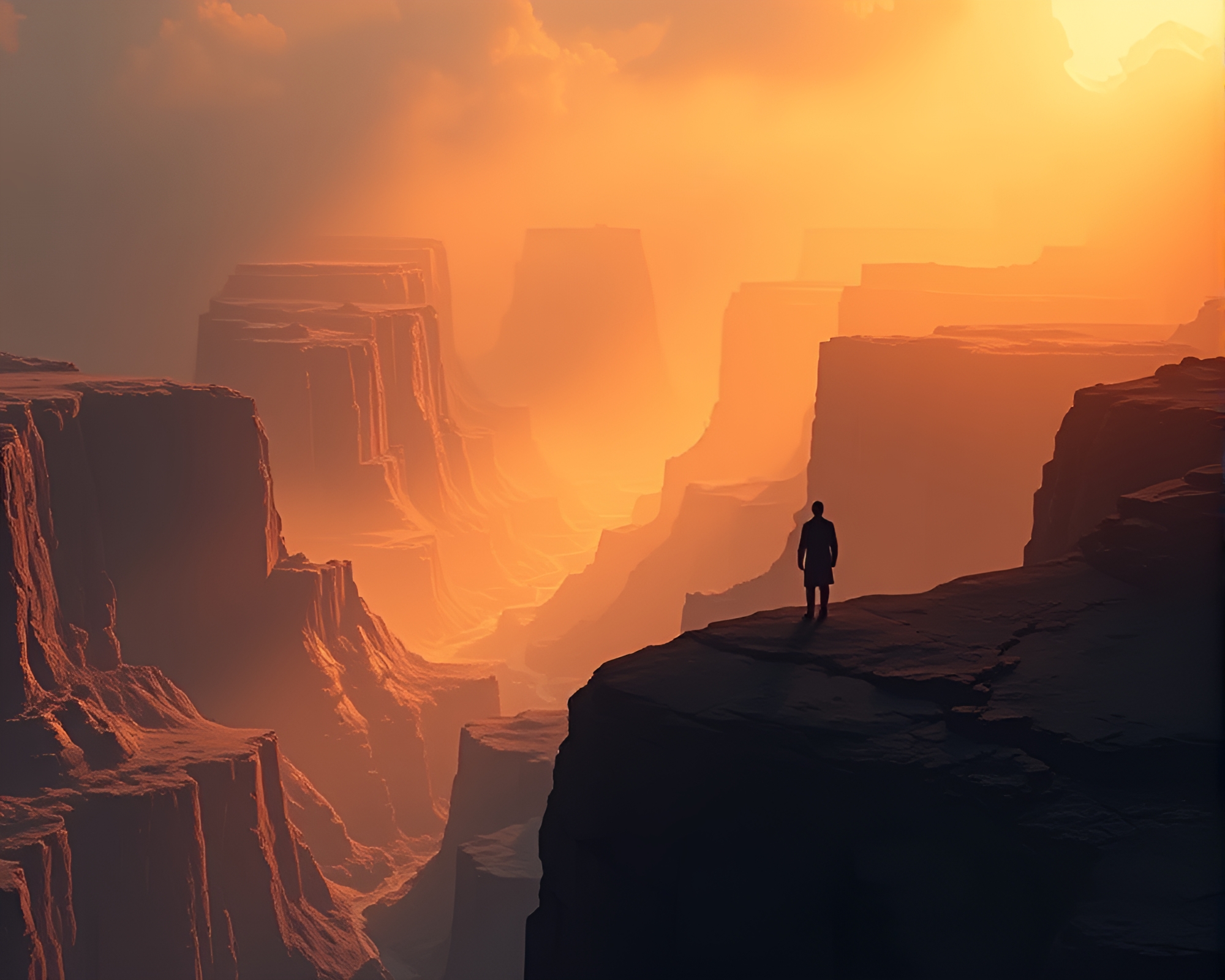 Otherworldly Figure Standing at Obsidian Canyon Edge – free AI stock image