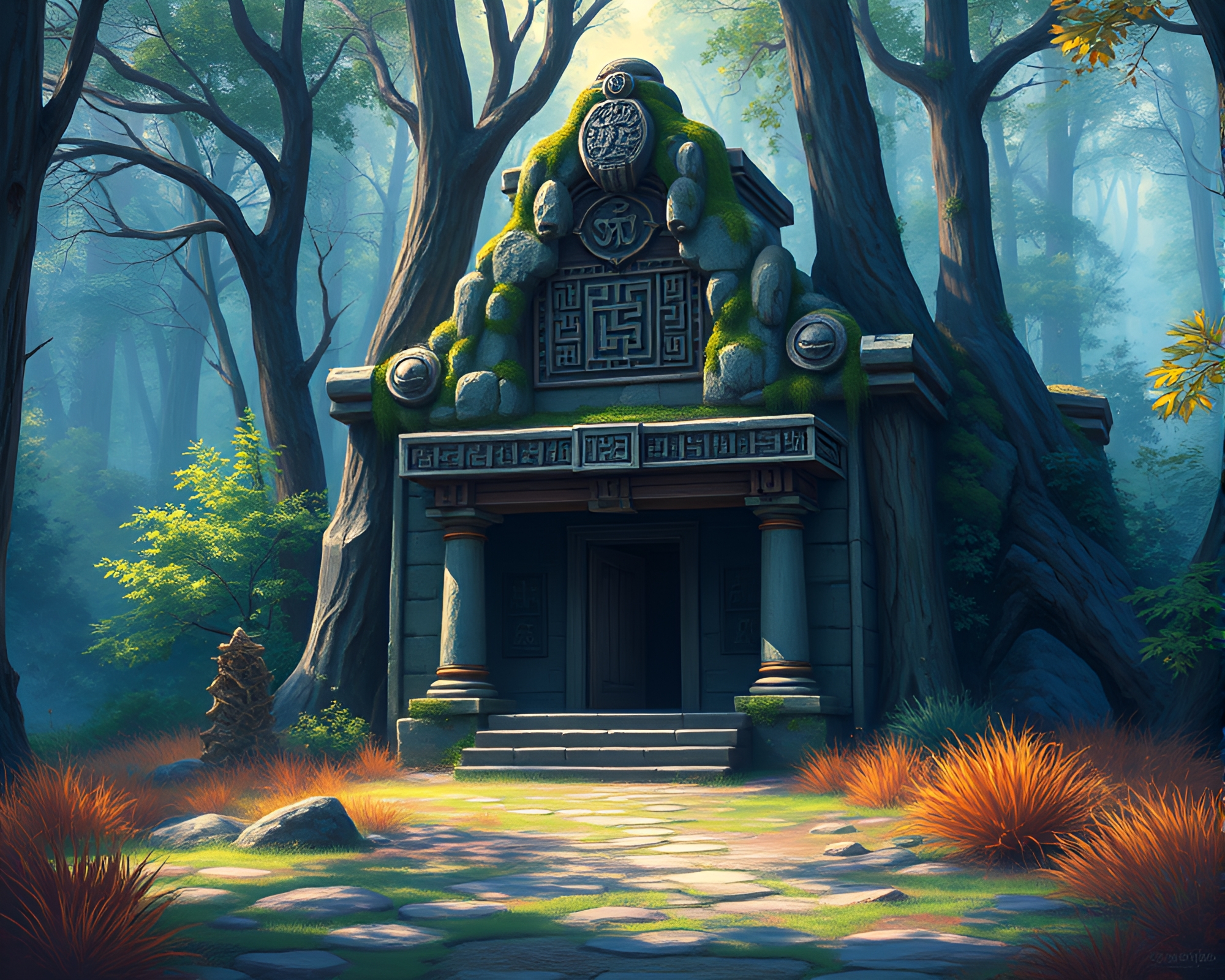 Enchanting forest temple with ancient glyphs in vibrant acrylic – free AI stock image