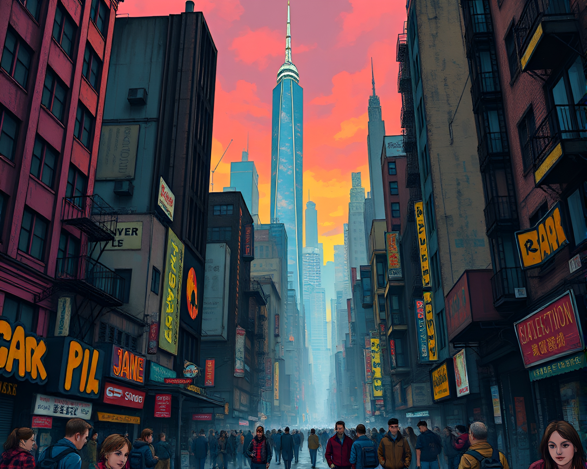 Vibrant Gouache Cityscape: Dystopian Urban Setting – free AI stock image