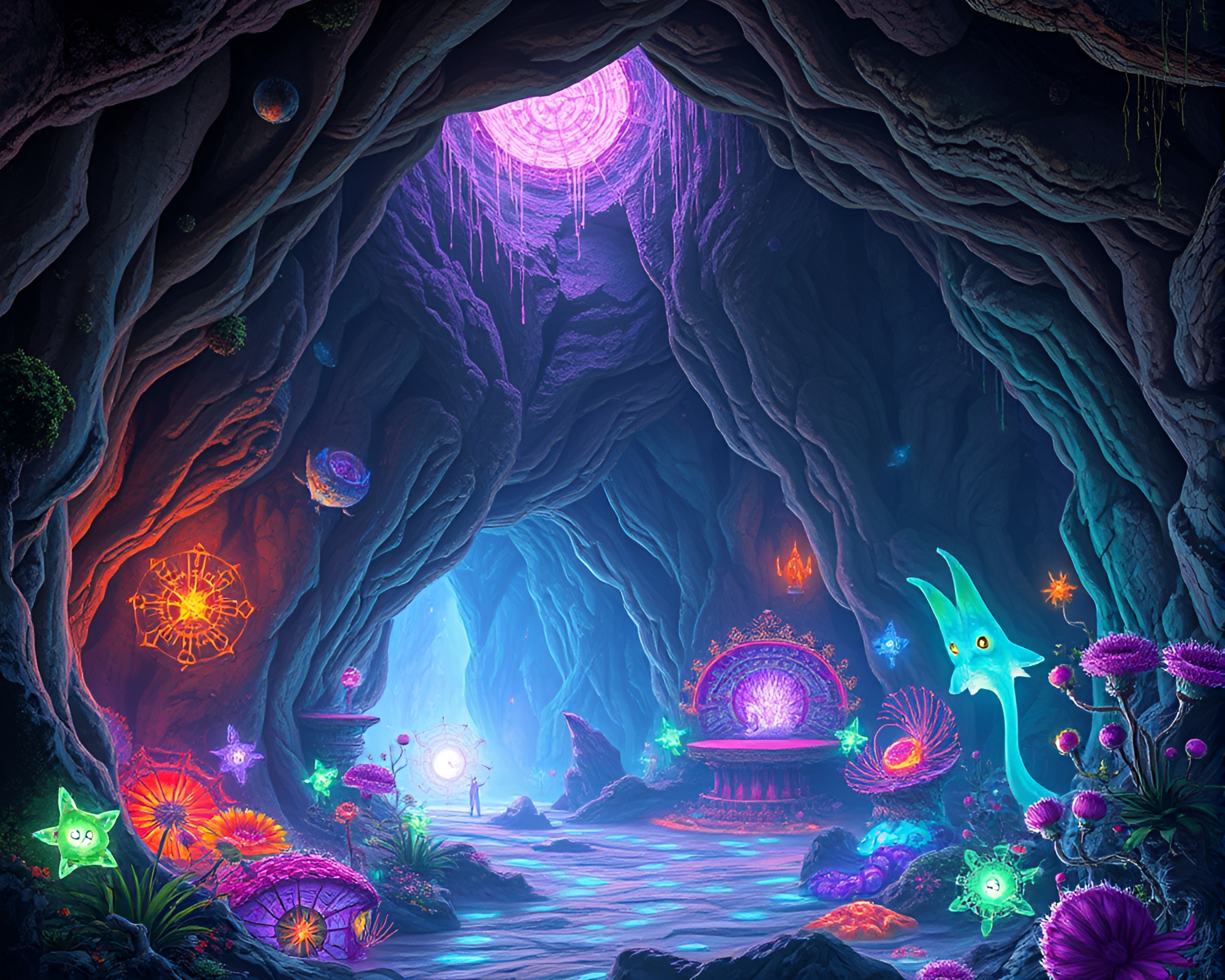 Enchanting Fungus-Filled Cavern with Mystical Creatures – free AI stock image