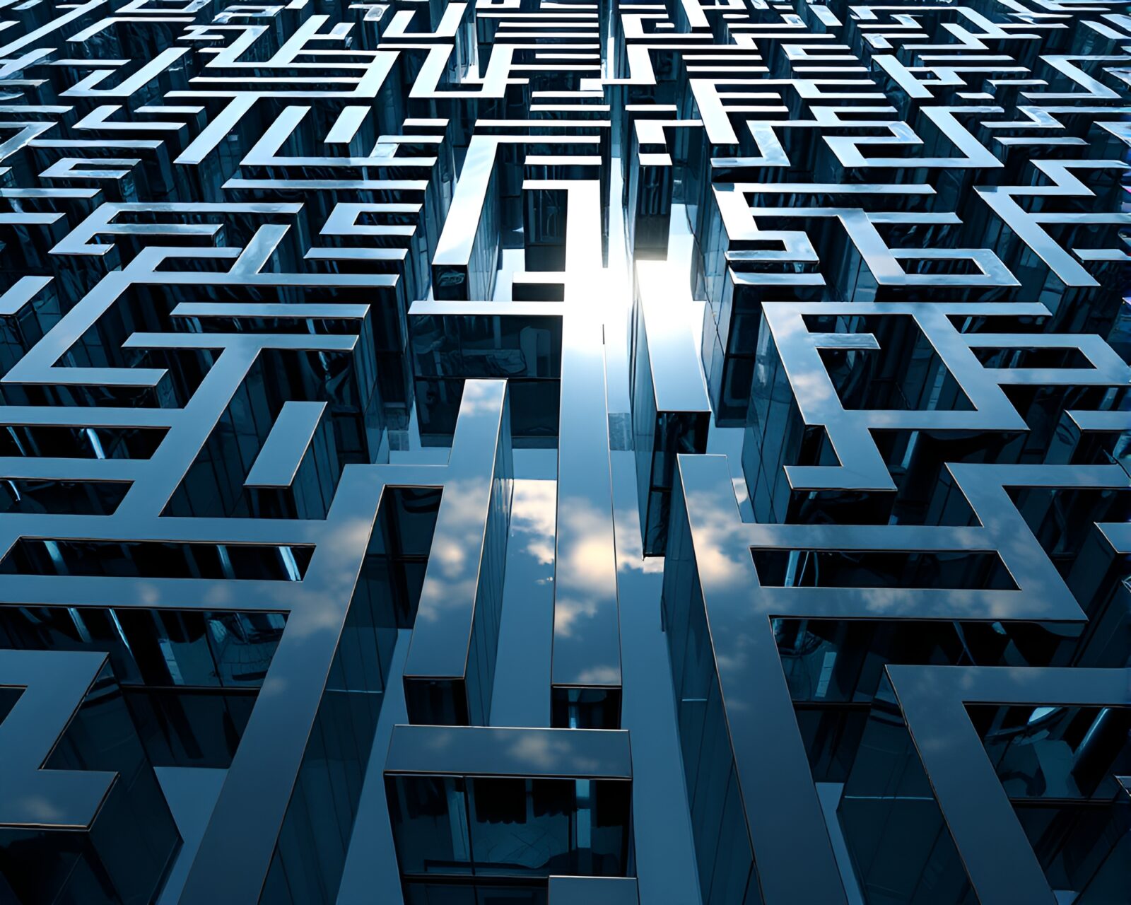 Photorealistic mirror maze reflecting serene landscape, detailed lighting