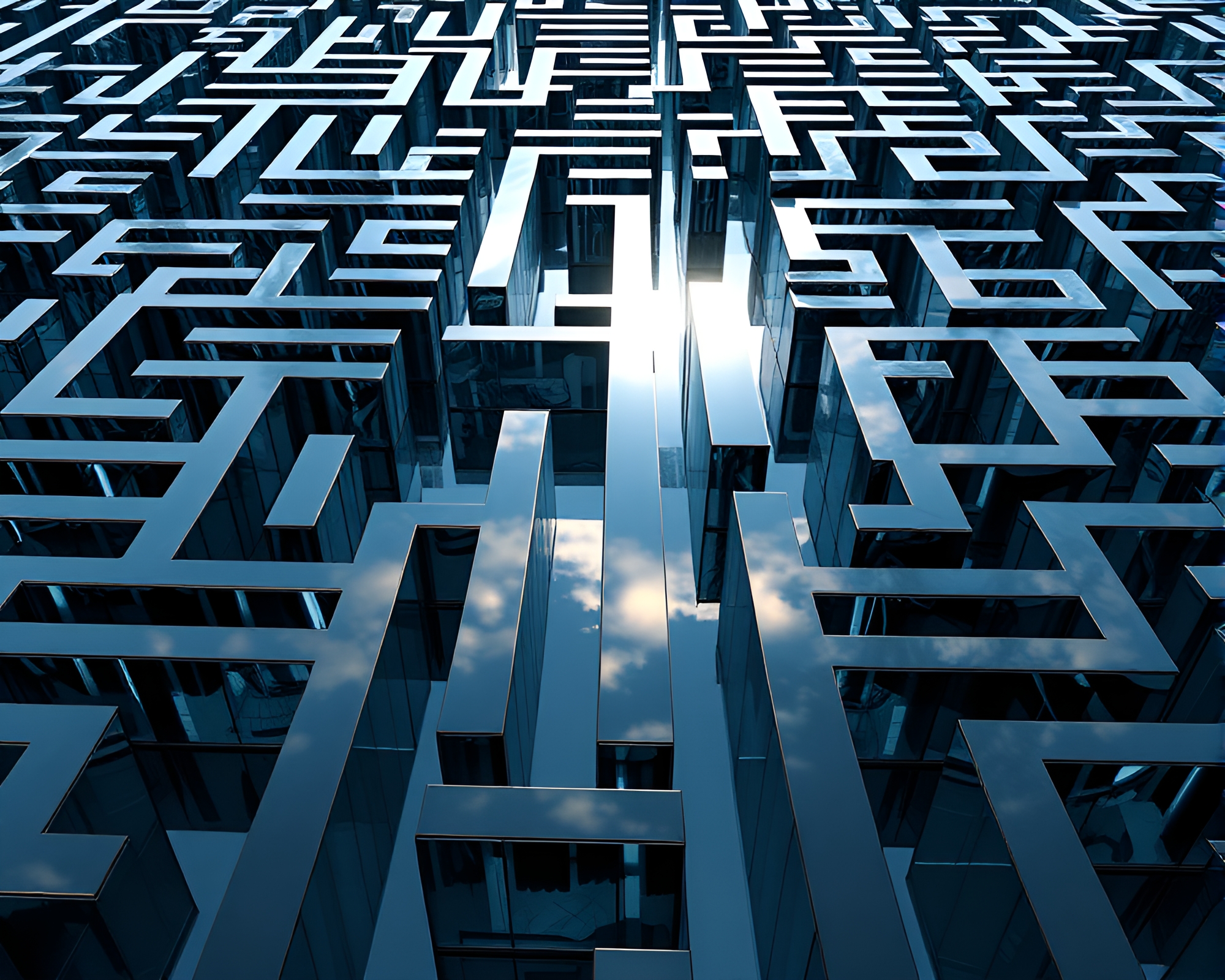 Intricate Mirror Labyrinth Reflecting Serene CGI Landscape – free AI stock image