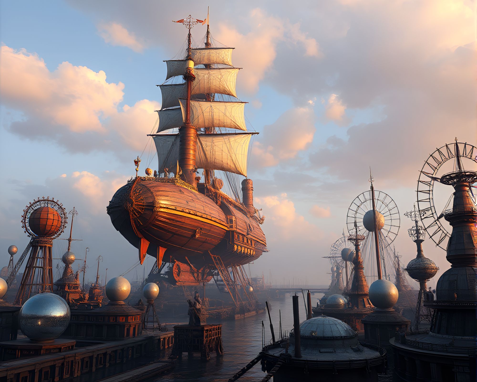 Surreal Steampunk Airship Dominates Over Modern Port – free AI stock image