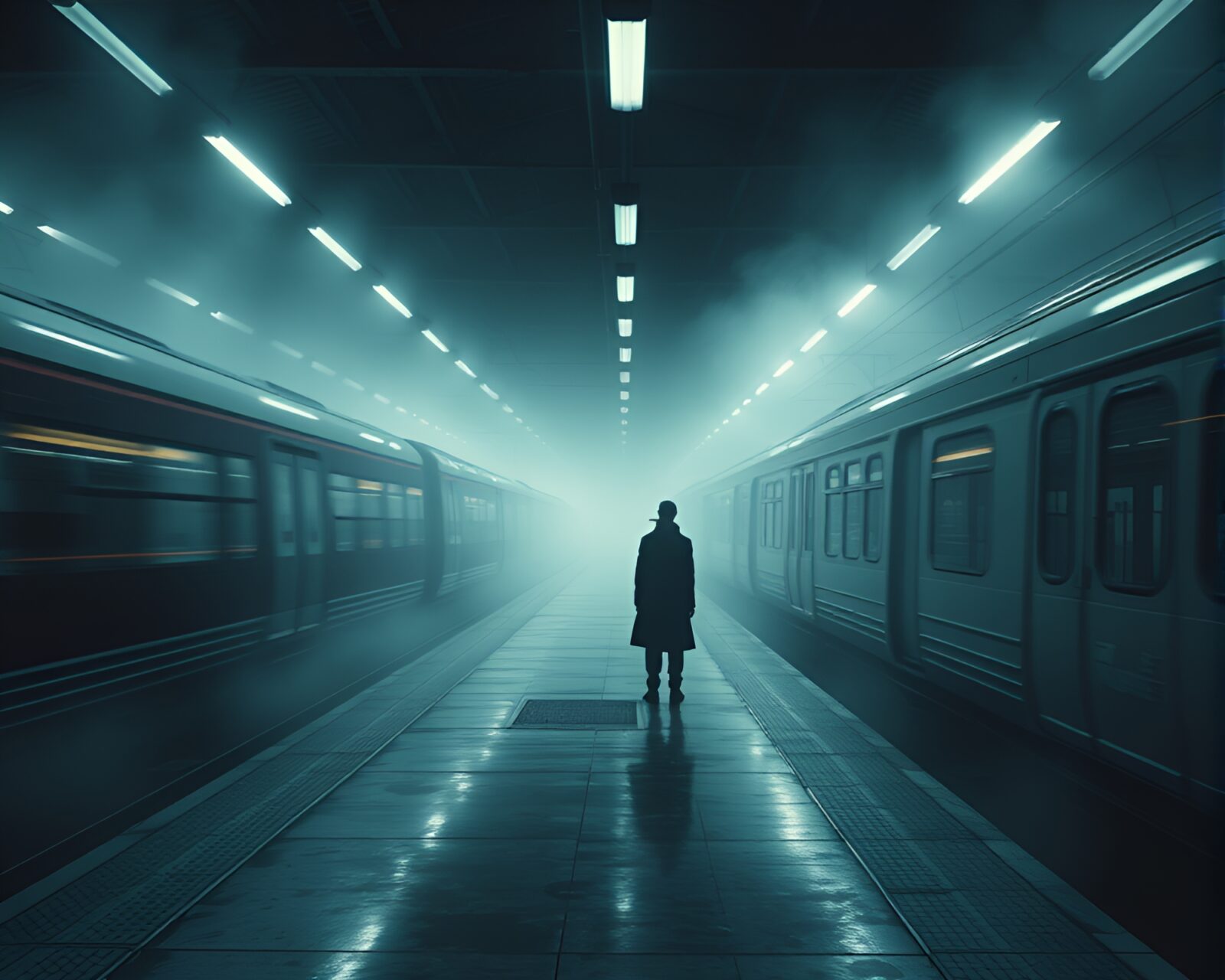 Mysterious phantom train station with lone figure, contemplatively observing