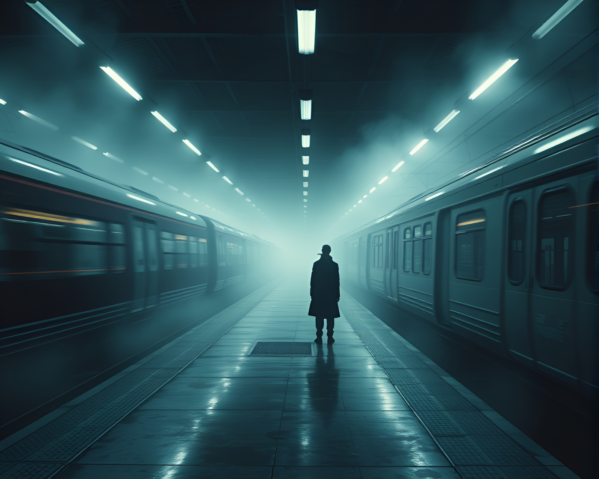 Ethereal Phantom Train Station with Contemplative Figure – free AI stock image