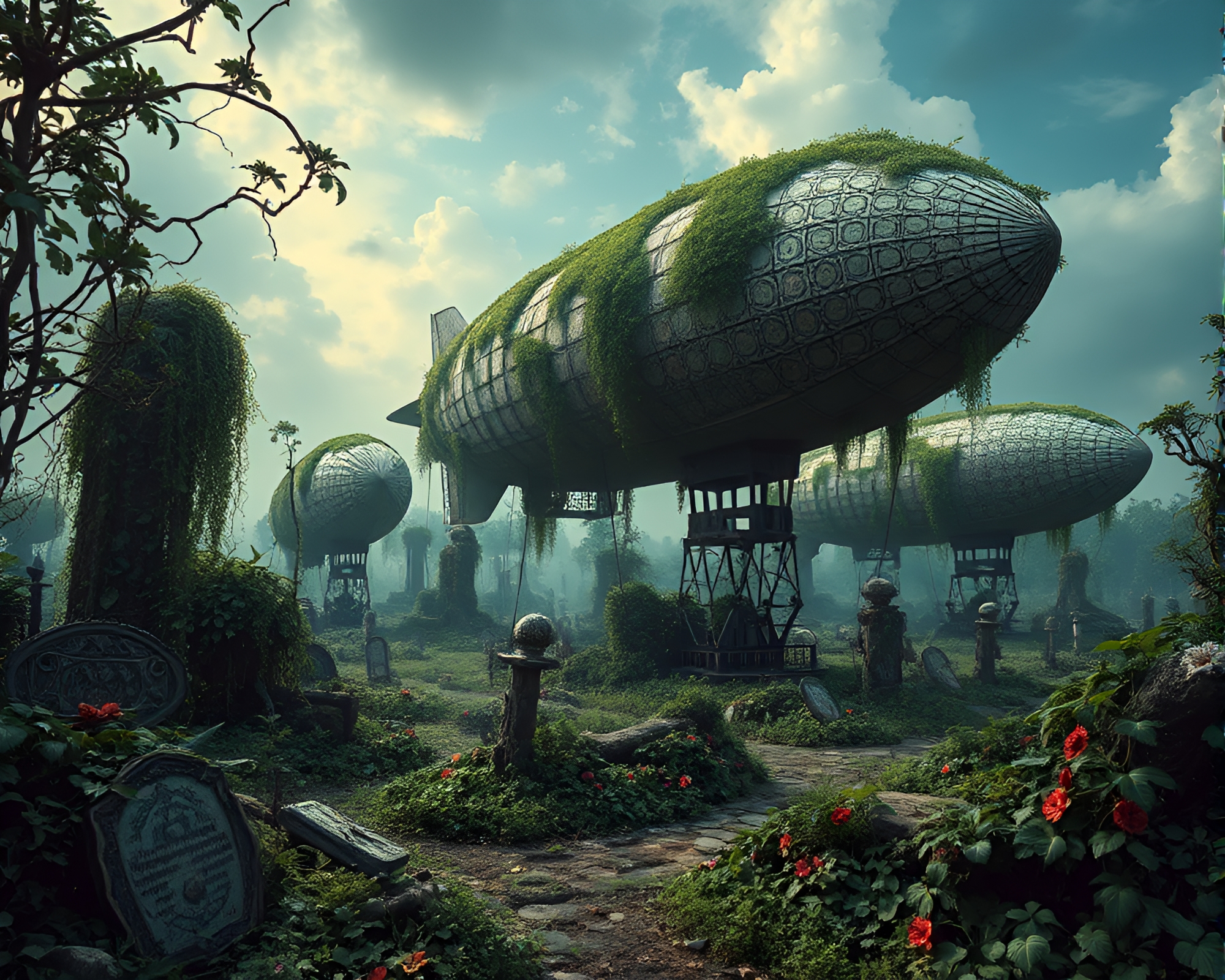 Lush Overgrown Zeppelin Graveyard with Mosaic Tile Decor – free AI stock image