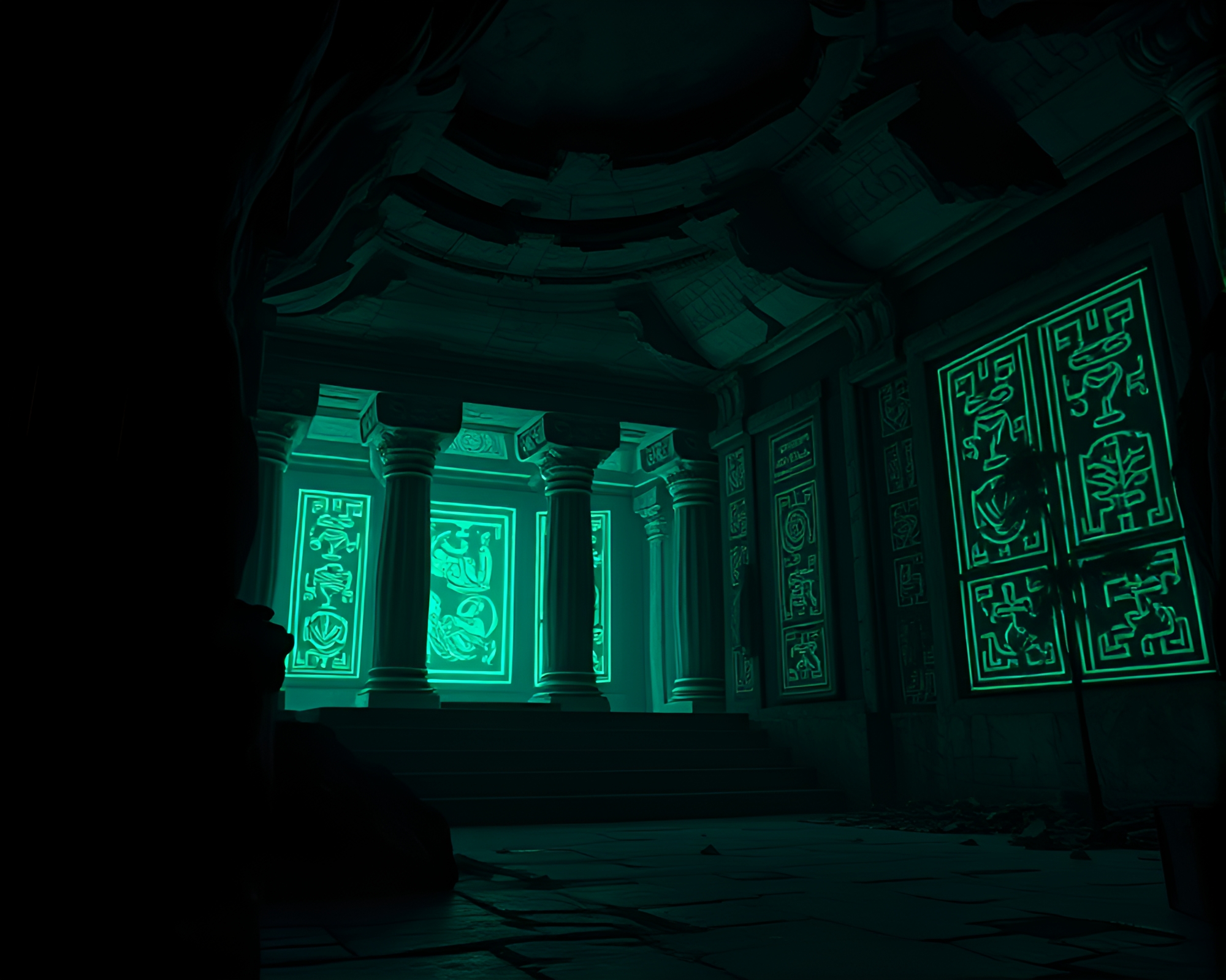 Bioluminescent Ancient Temple Glowing With Intricate Glyphs – free AI stock image