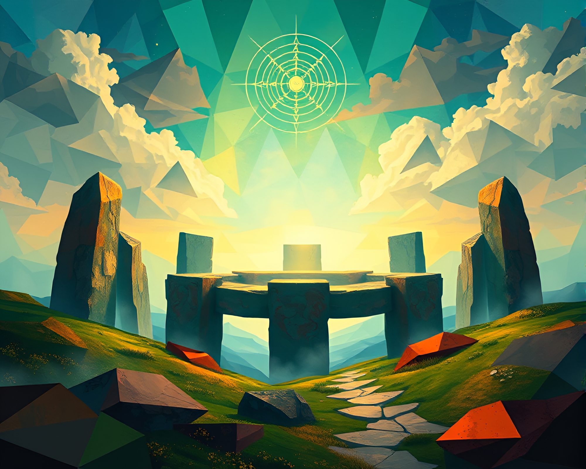 Ethereal Druidic Stone Circle in Vibrant Cubist Style – free AI stock image