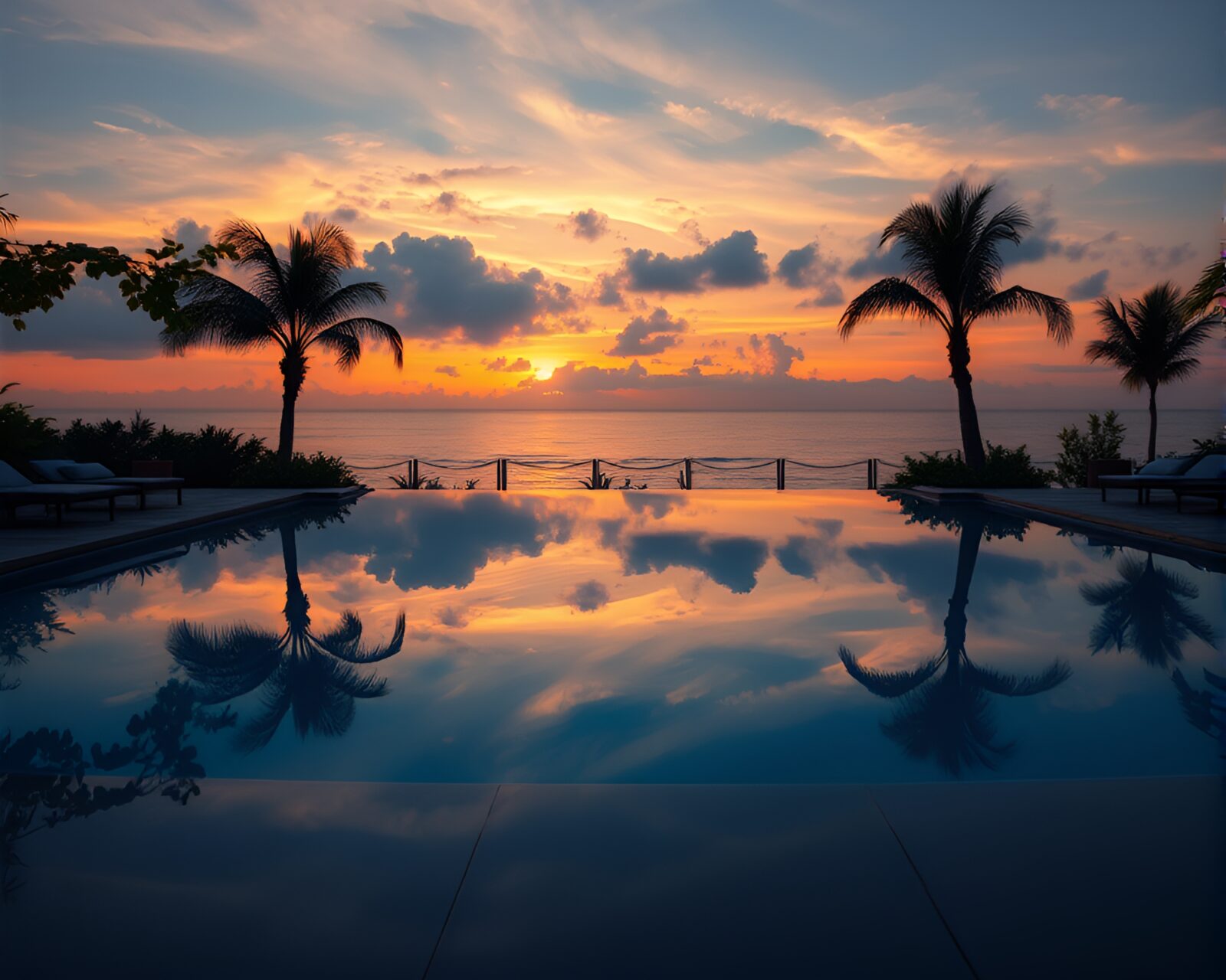 Surreal sunset reflecting in tranquil pool at oasis