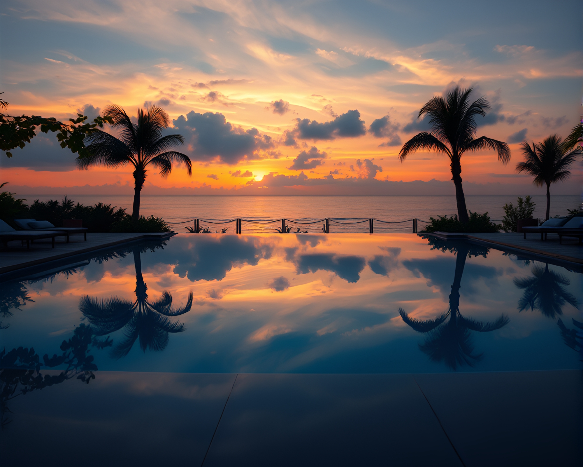 Tranquil Sunset Oasis with Reflective Pool – free AI stock image