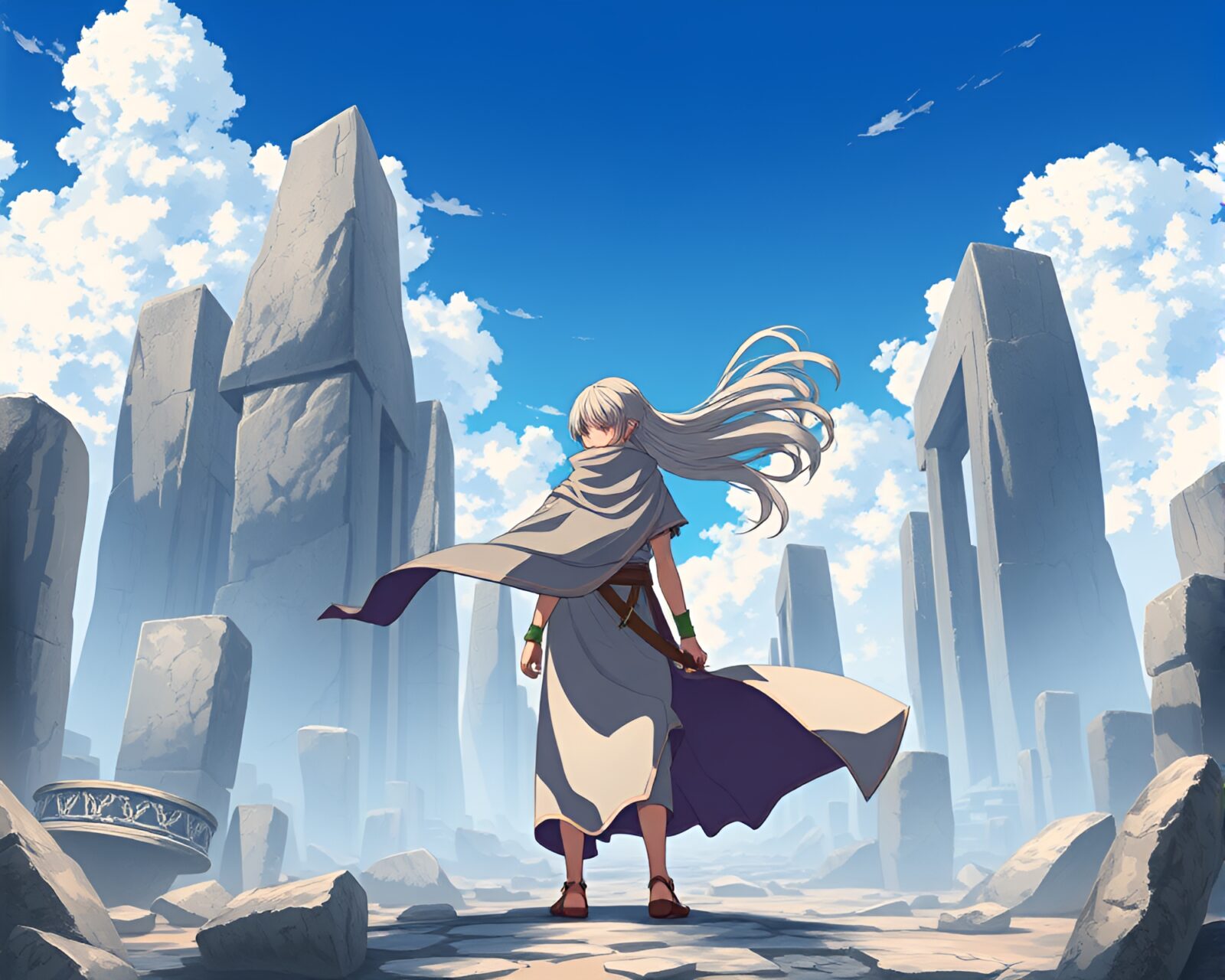 Anime character with flowing hair and cape in ancient ruins