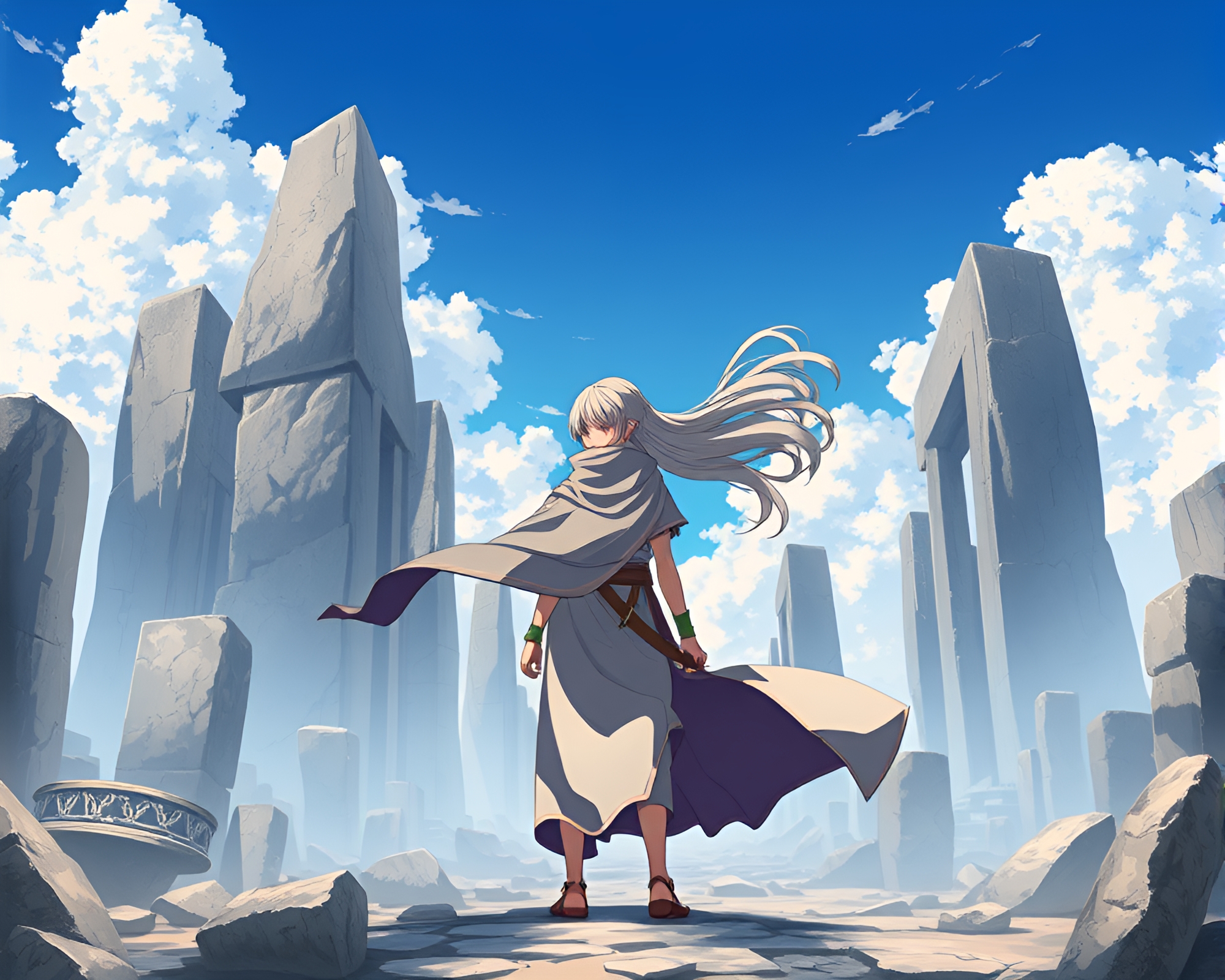 Mysterious Anime Character Amidst Windswept Ancient Ruins – free AI stock image