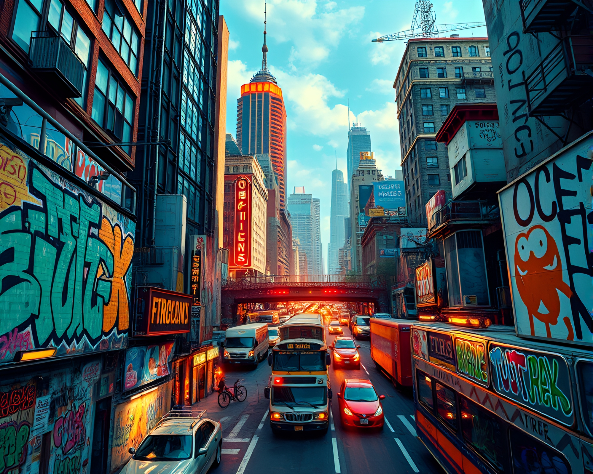 Vibrant Urban Cityscape with Street Art and Transportation Layers – free AI stock image