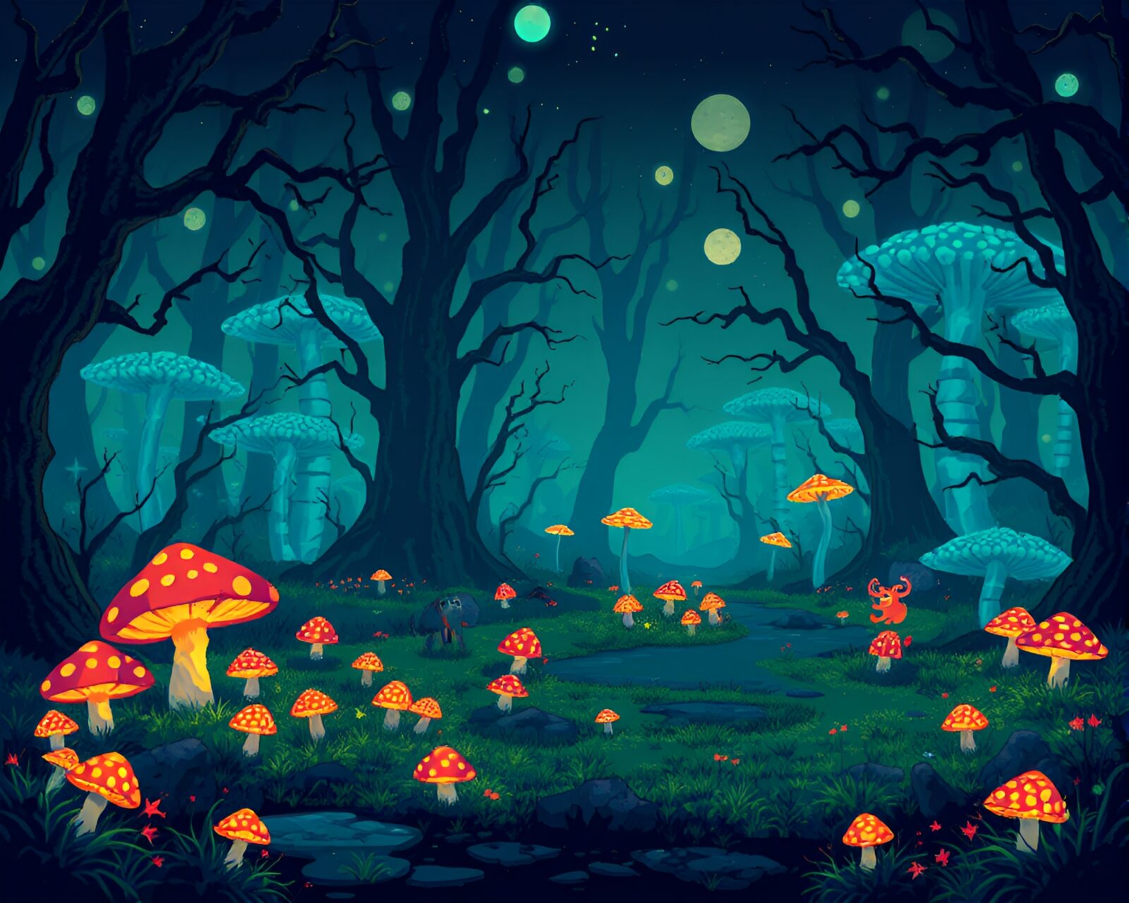 Surreal pixel art of phantasmal marsh with glowing fungi.