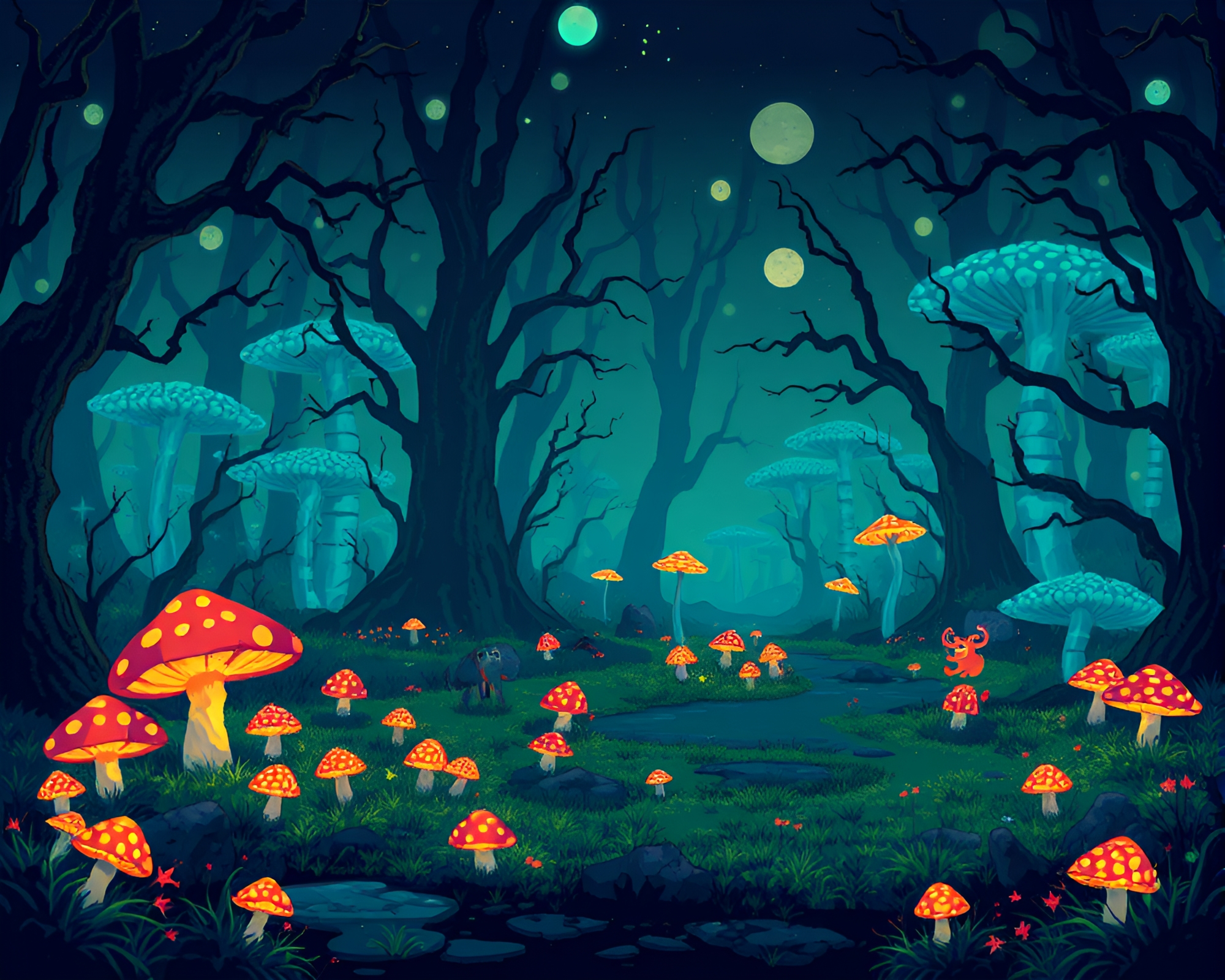 Mystical Marsh with Glowing Mushrooms and Strange Creatures – free AI stock image