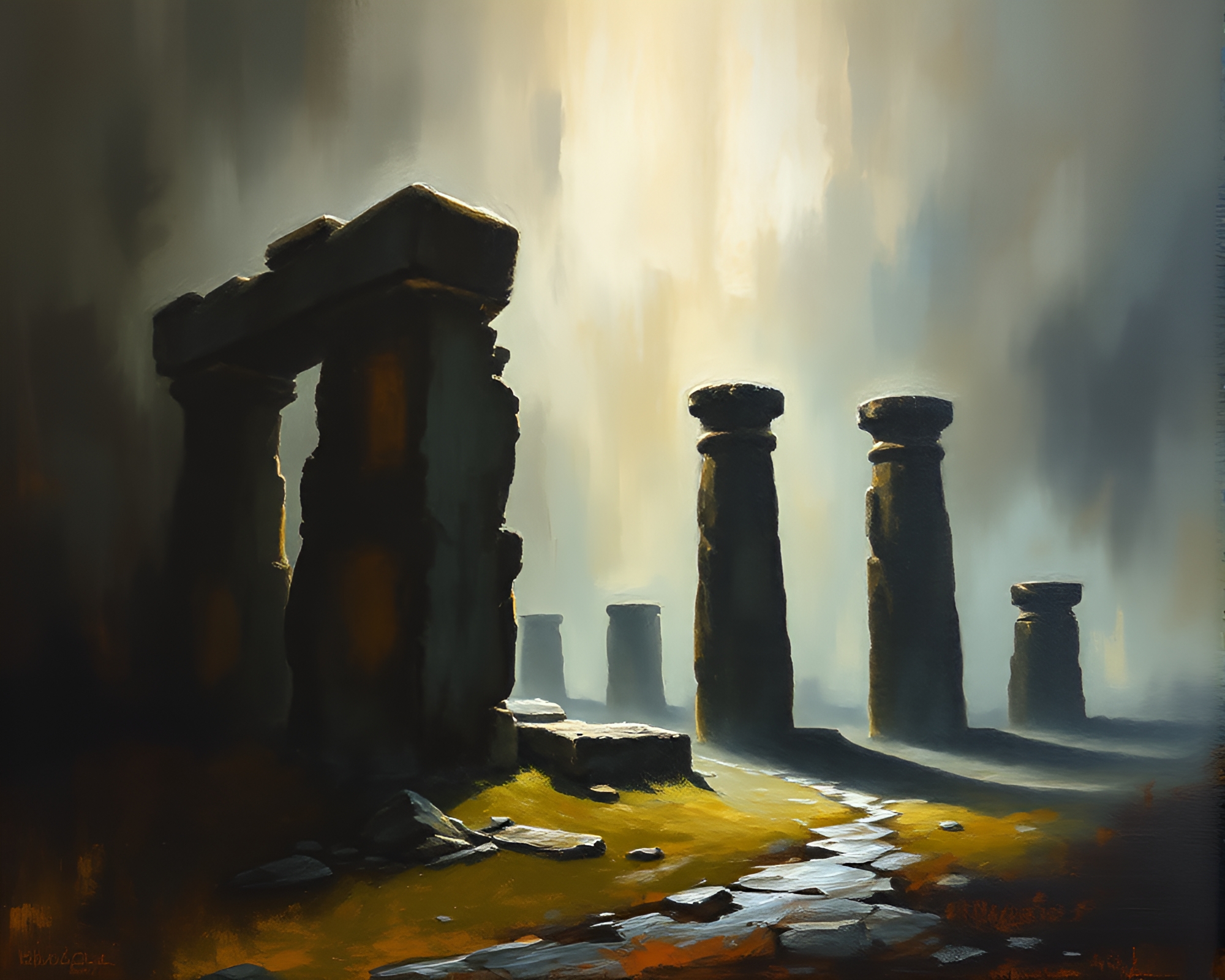 Eerie Oil Painting of Ancient Monolithic Ruins – free AI stock image