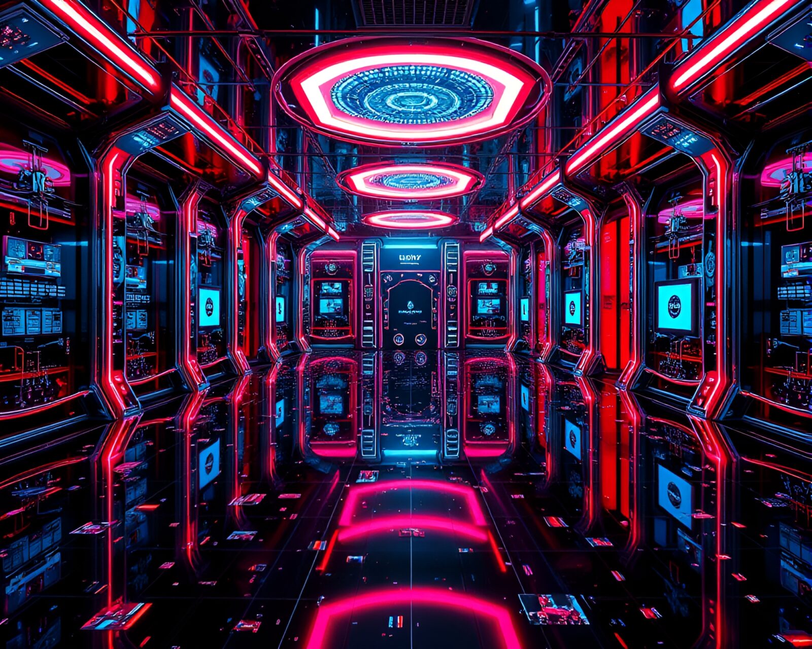 Abstract futuristic room with reflective surfaces and glitch art