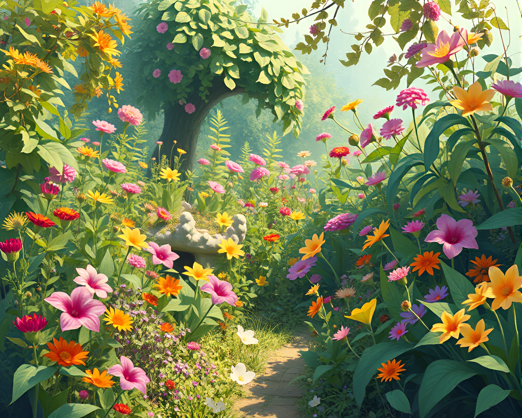 Whimsical Cubist Garden with Vibrant Botanical Overgrowth – free AI stock image