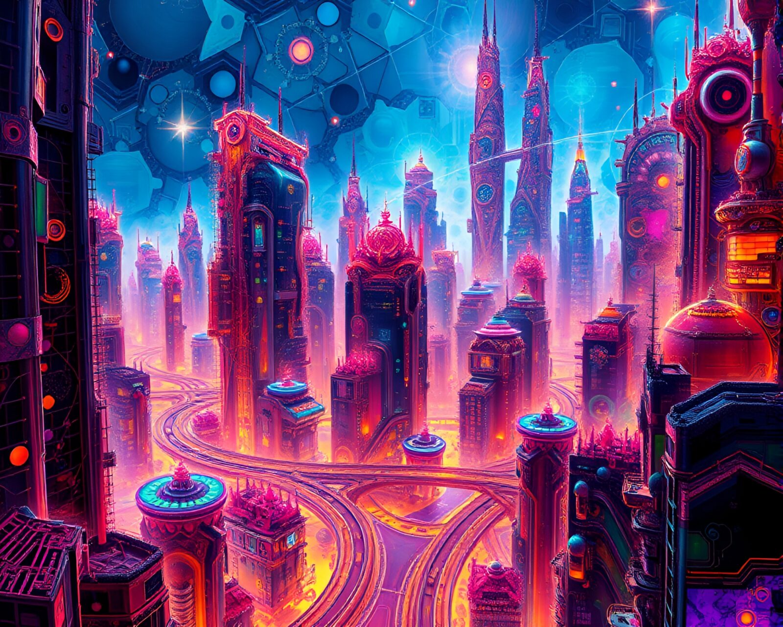 Abstract cityscape artwork with intricate fractal patterns and swirling acrylic textures