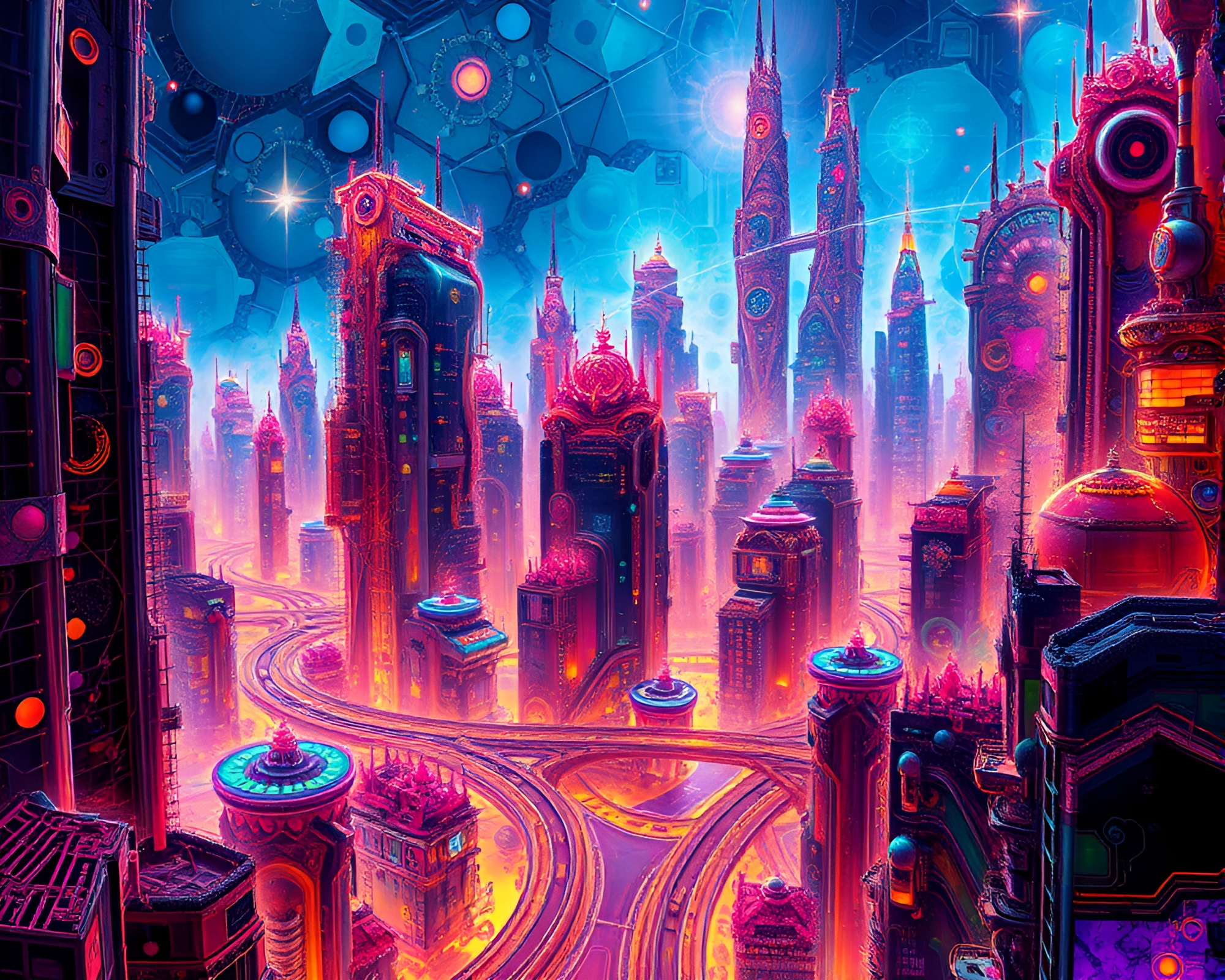 Vibrant Fractal Futuristic Cityscape with Kinetic Acrylic Textures – free AI stock image