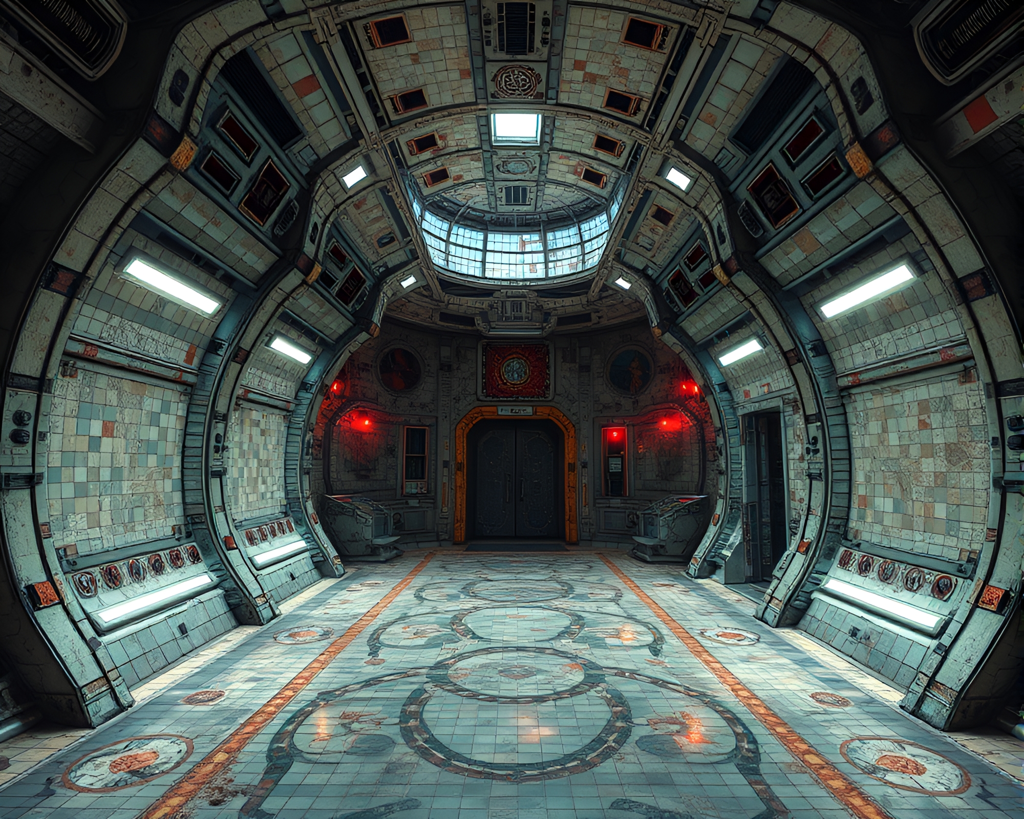 Surreal Abandoned Space Station with Intricate Mosaic Tile Work – free AI stock image