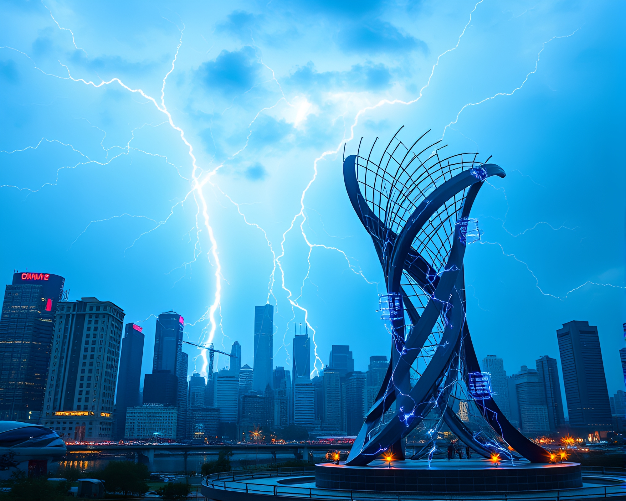 Futuristic Cityscape with Electric Storm and Kinetic Sculpture – free AI stock image