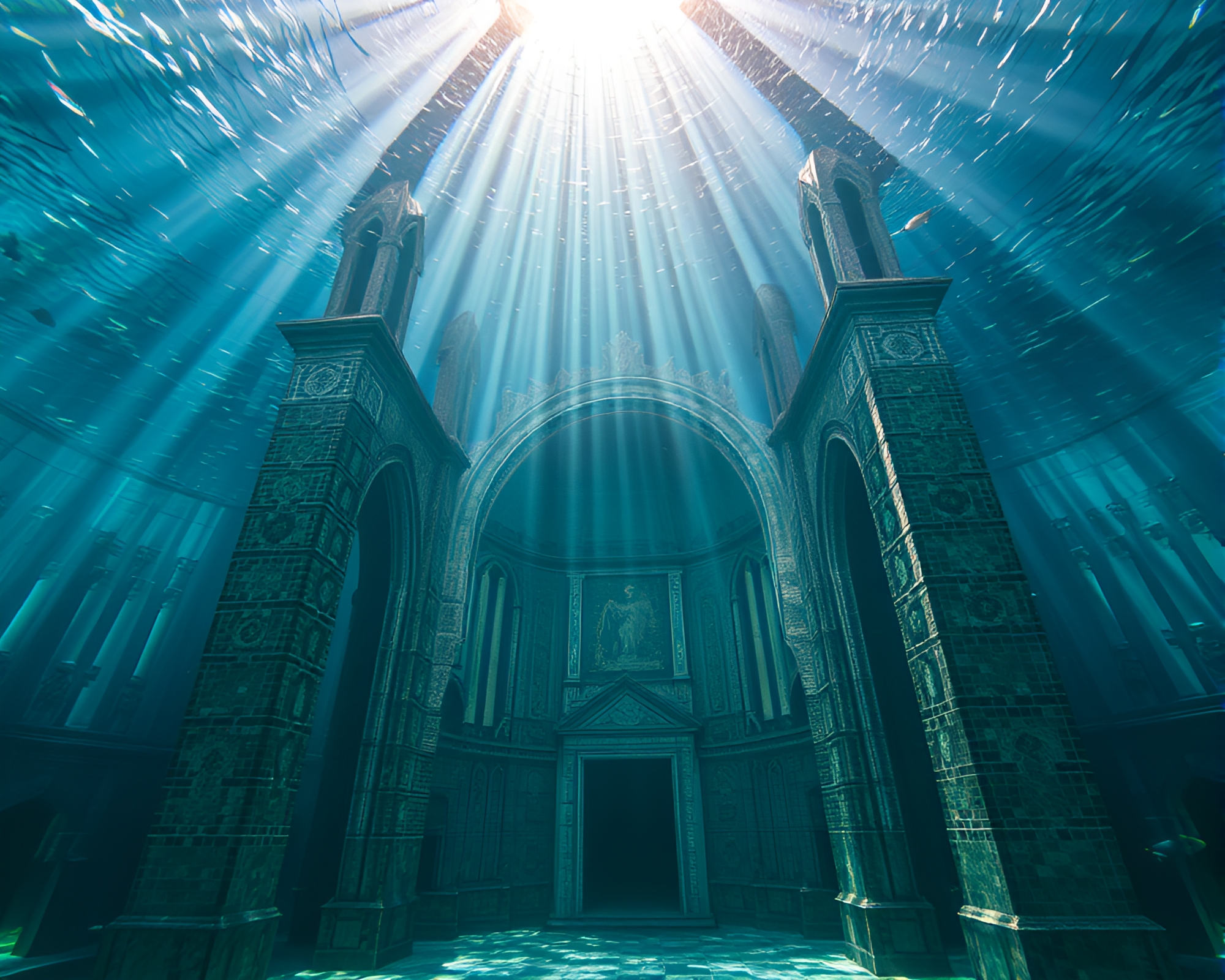 Submerged Cathedral: Tranquil Mosaic Art Underwater – free AI stock image