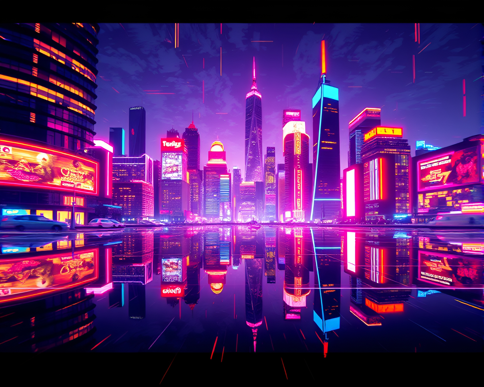 Neon-infused urban landscape fulfills 8-bit digital dream – free AI stock image