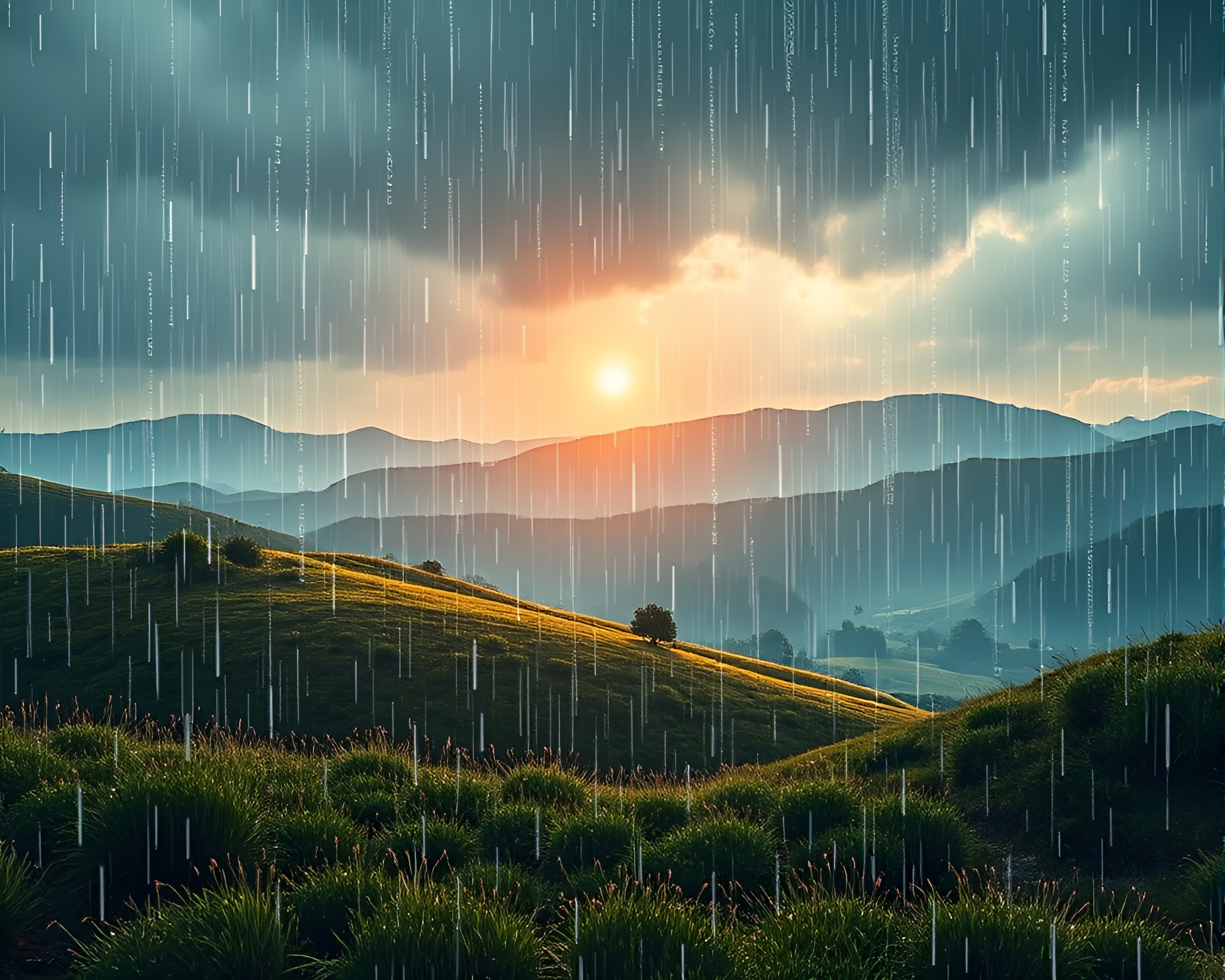 Binary Code Rain Creates Digital Landscape Masterpiece – free AI stock image