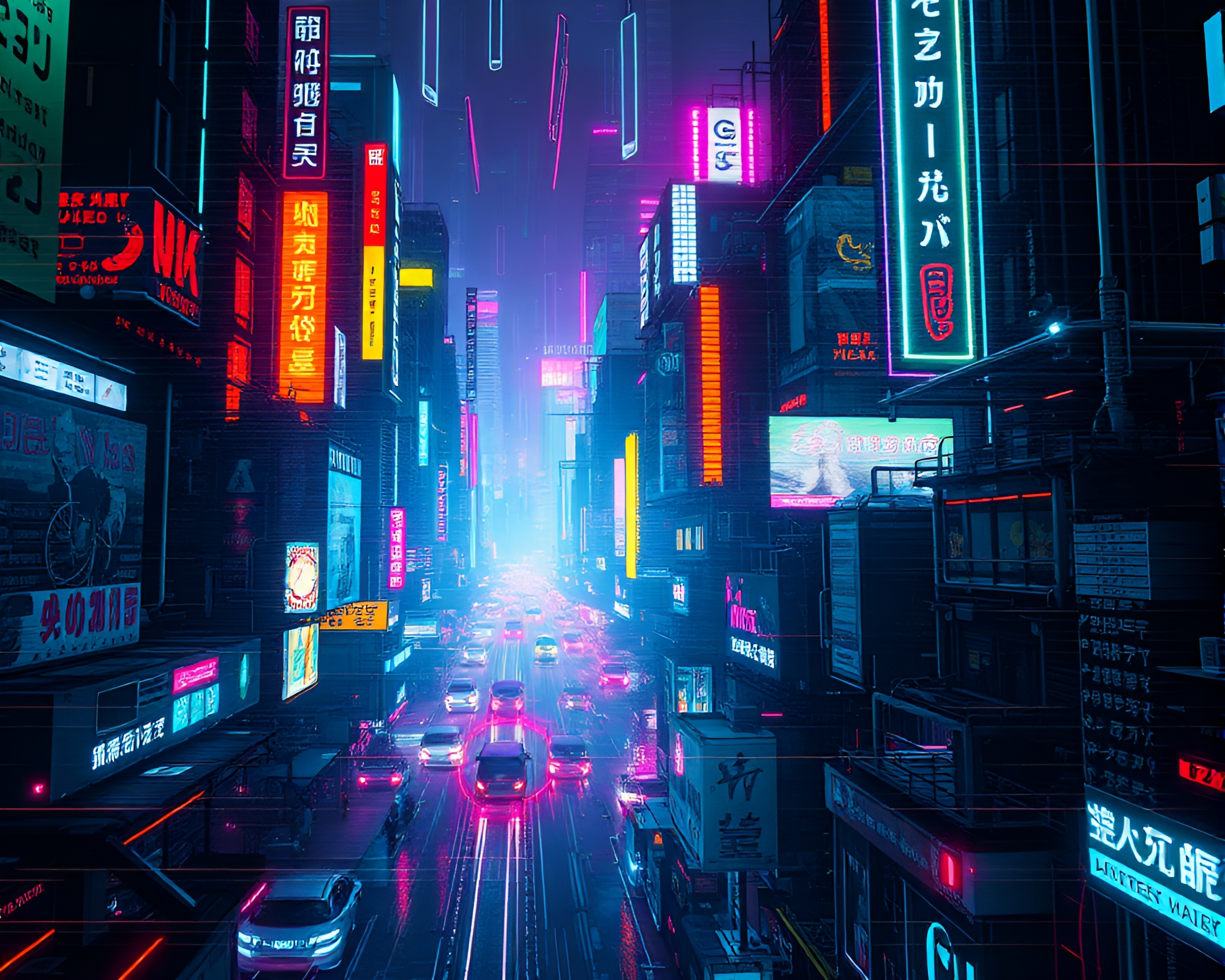 Futuristic Cyberpunk Cityscape: Neon Lights and Glitchy Atmosphere – free AI stock image