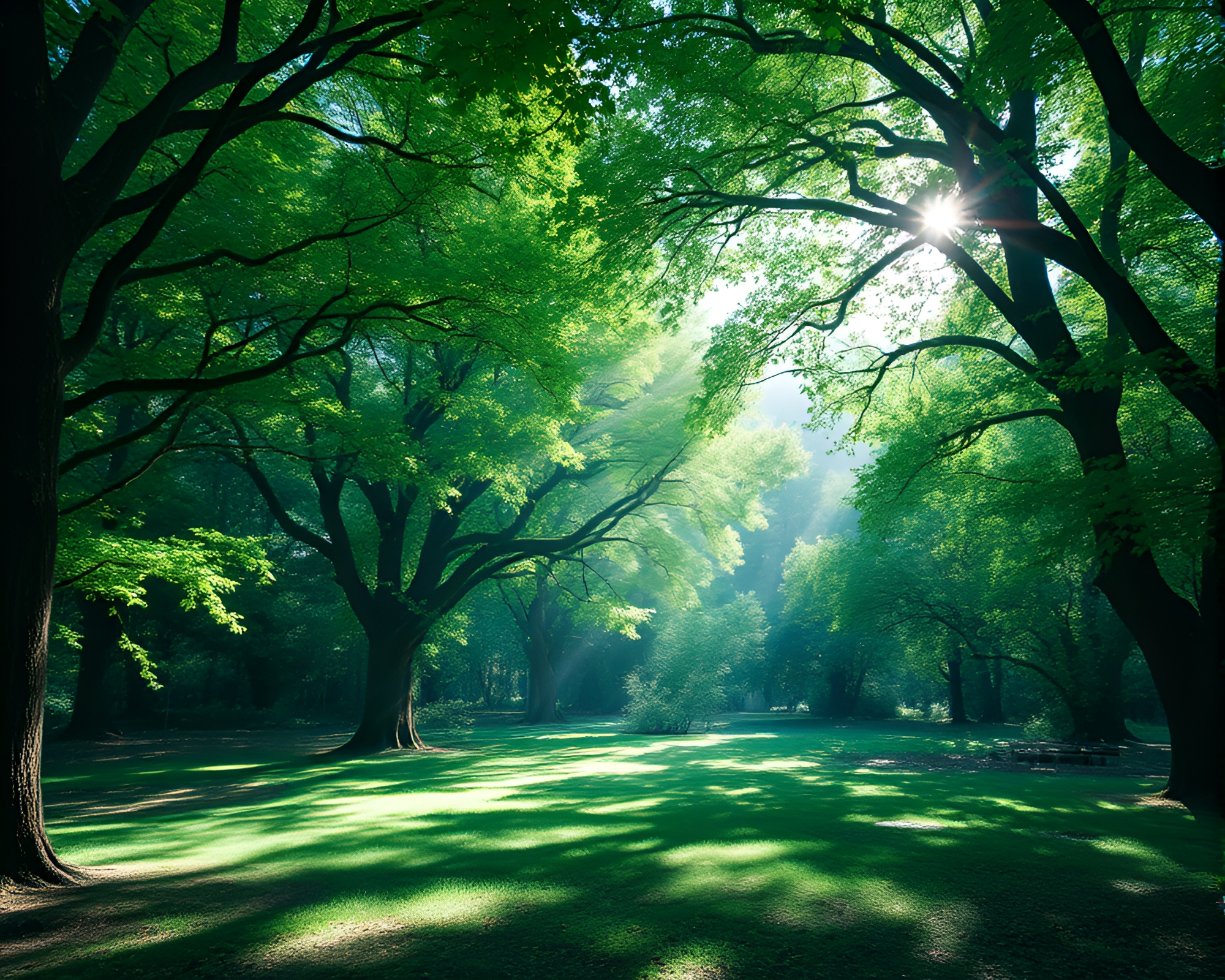 Emerald Canopy Illuminates Peaceful Glade with Graphic Elements – free AI stock image