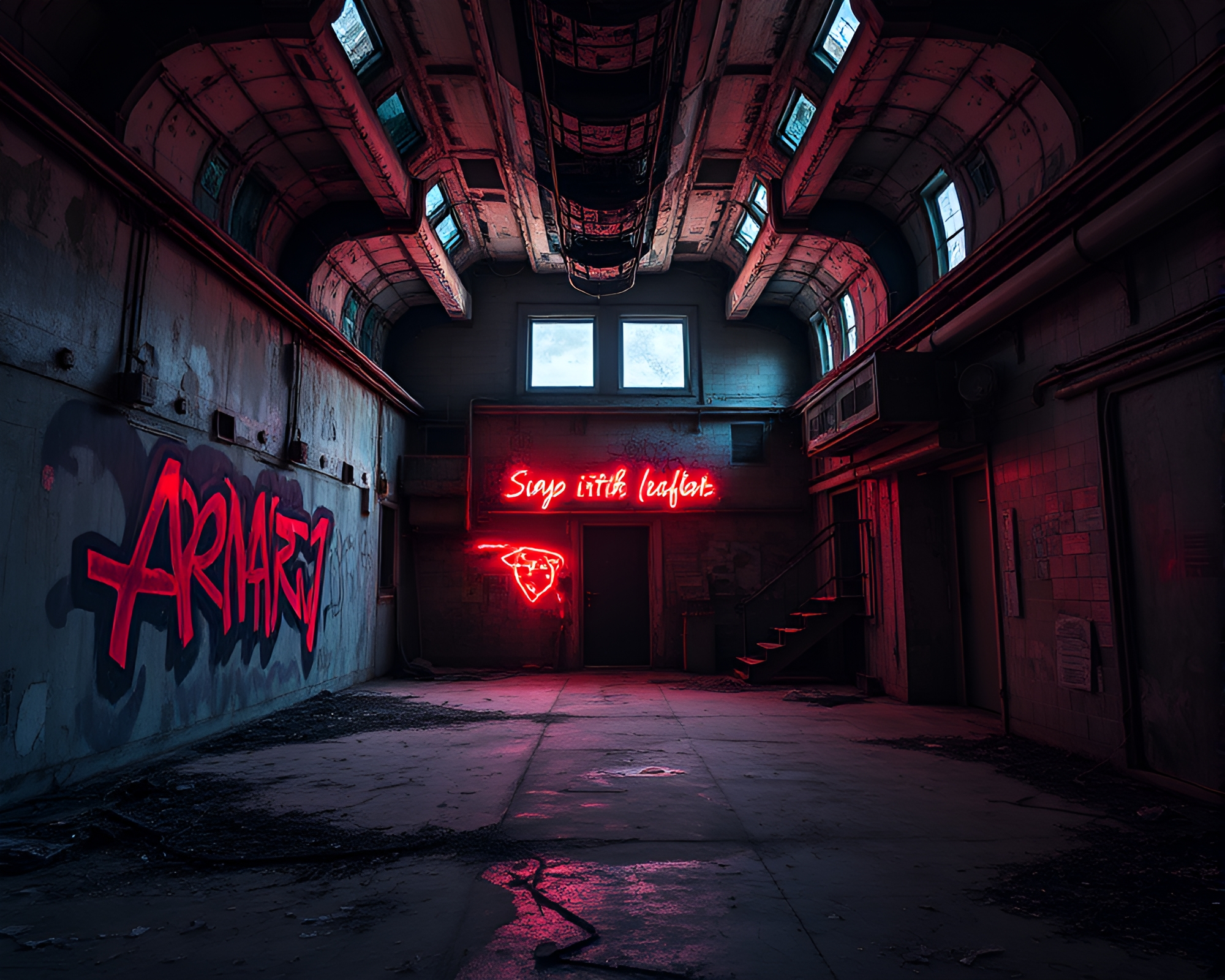 Sombre Neon Graffiti Adorns Abandoned Space Station Corridors – free AI stock image